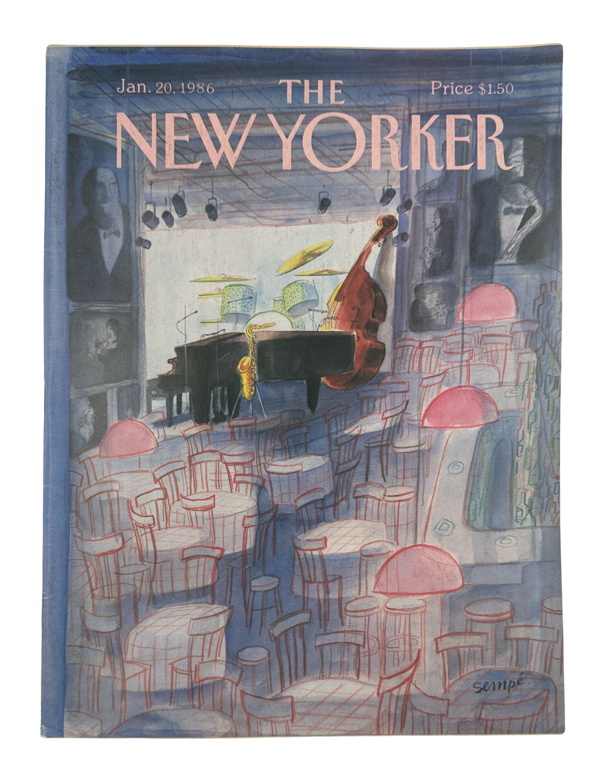 The New Yorker Magazine January 20, 1986 Jazz Club Interior J. J. Sempé Cover VG, front cover featuring an illustrated jazz club interior with piano, double bass, tables, and chairs.