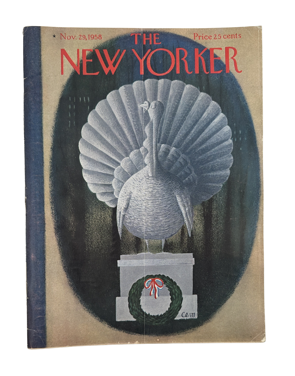 The New Yorker Magazine November 29, 1958 Thanksgiving Turkey Charles Martin Cover featuring an illustrated turkey displayed on a commemorative pedestal
