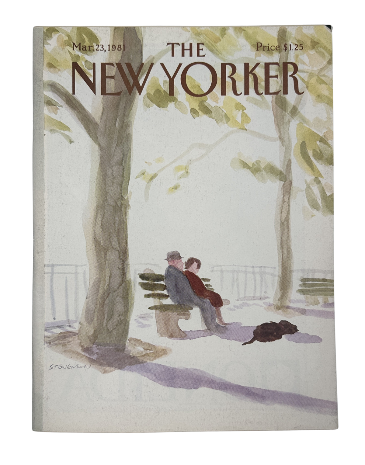 The New Yorker Magazine March 23, 1981 Park Bench Couple James Stevenson Cover, featuring an illustrated couple sitting on a park bench beneath trees with a dog nearby.