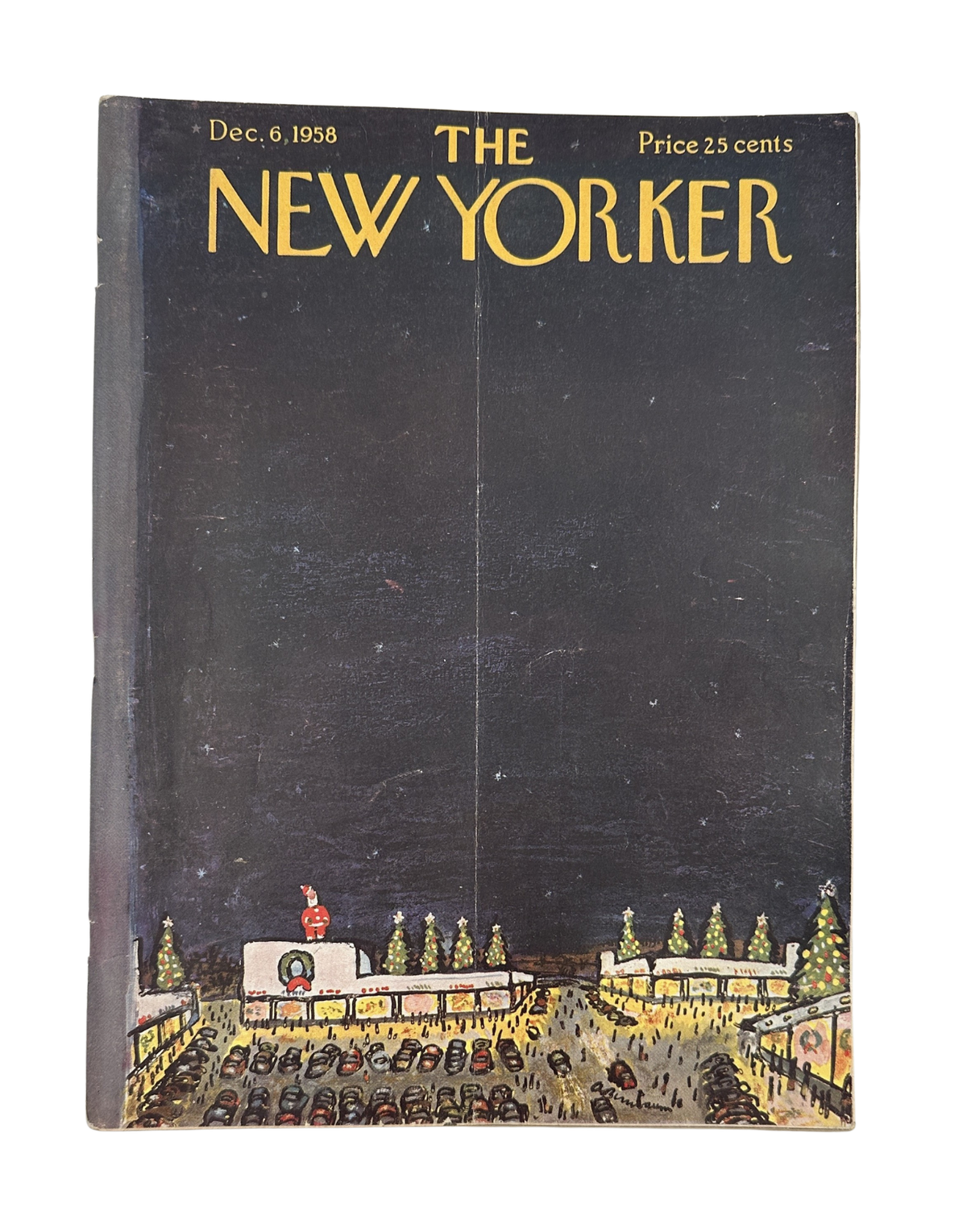 The New Yorker Magazine December 6, 1958 Christmas Mall at Night Abe Birnbaum, vintage magazine cover featuring an illustrated nighttime Christmas shopping mall with decorated trees, storefronts, and parked cars