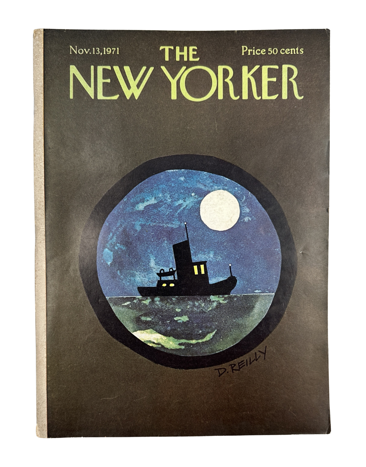 The New Yorker Magazine November 13, 1971 Moonlit Tugboat Donald Reilly Cover VG, featuring a moonlit tugboat sailing on blue water beneath a full moon in an illustrated circular scene.