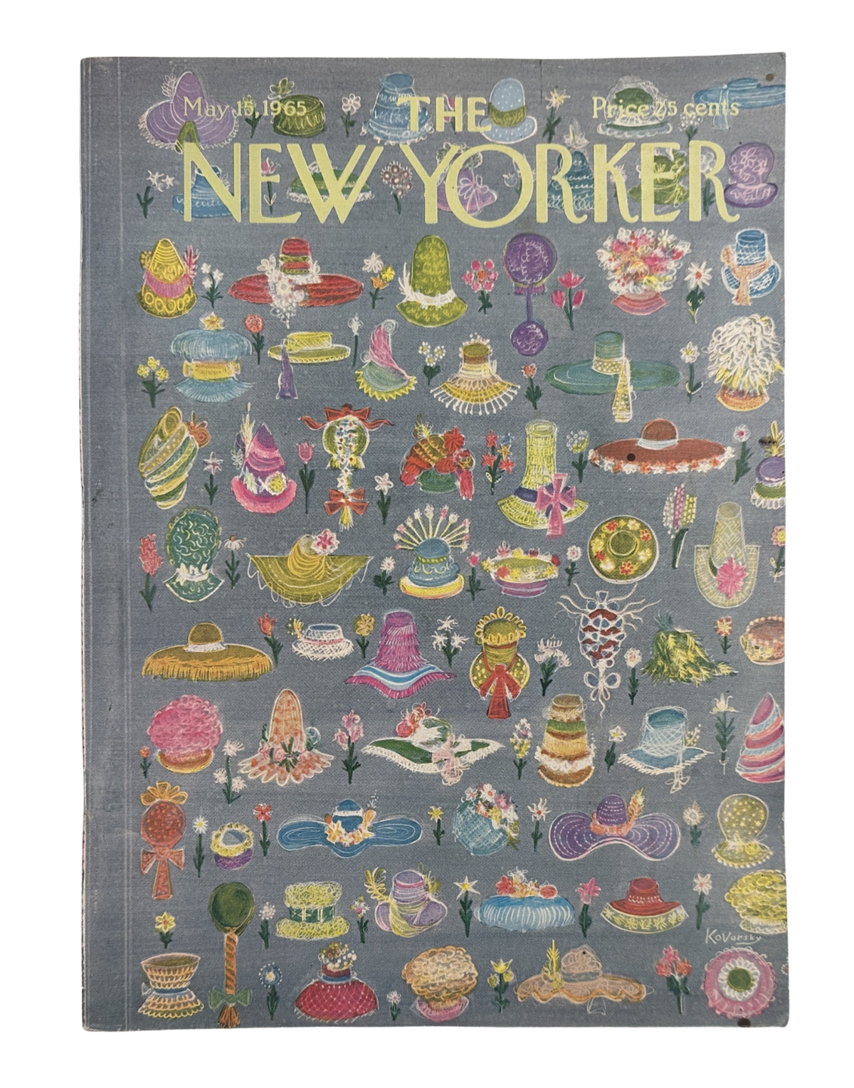 The New Yorker Magazine May 15, 1965 Colorful Spring Hats Anatol Kovarsky Cover featuring an illustrated collection of colorful spring hats, flowers, and fashion accessories