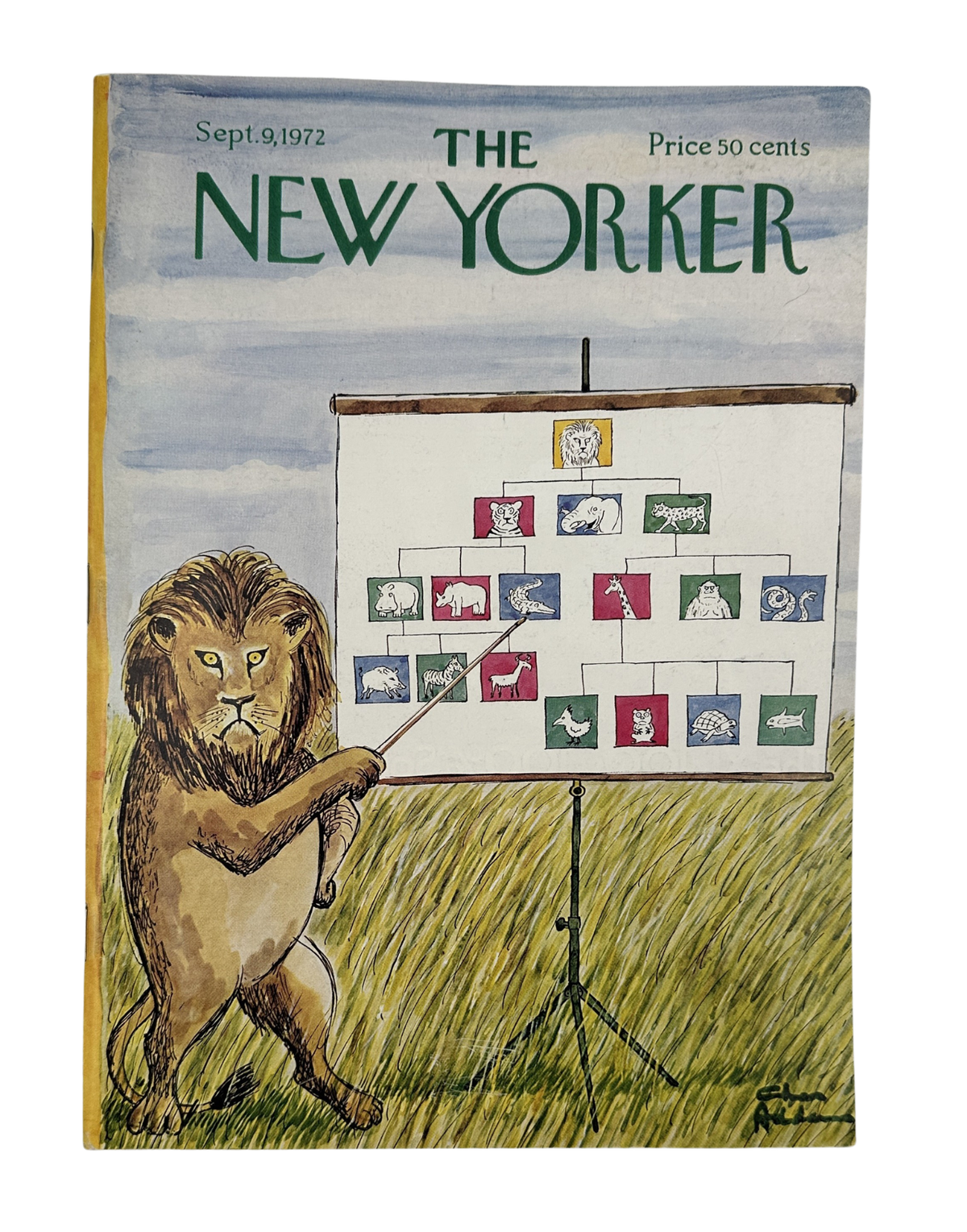 The New Yorker Magazine September 9, 1972 Lion Teaching Charles Addams Cover VG, illustrated vintage cover showing a lion presenting artwork on an easel in a field.