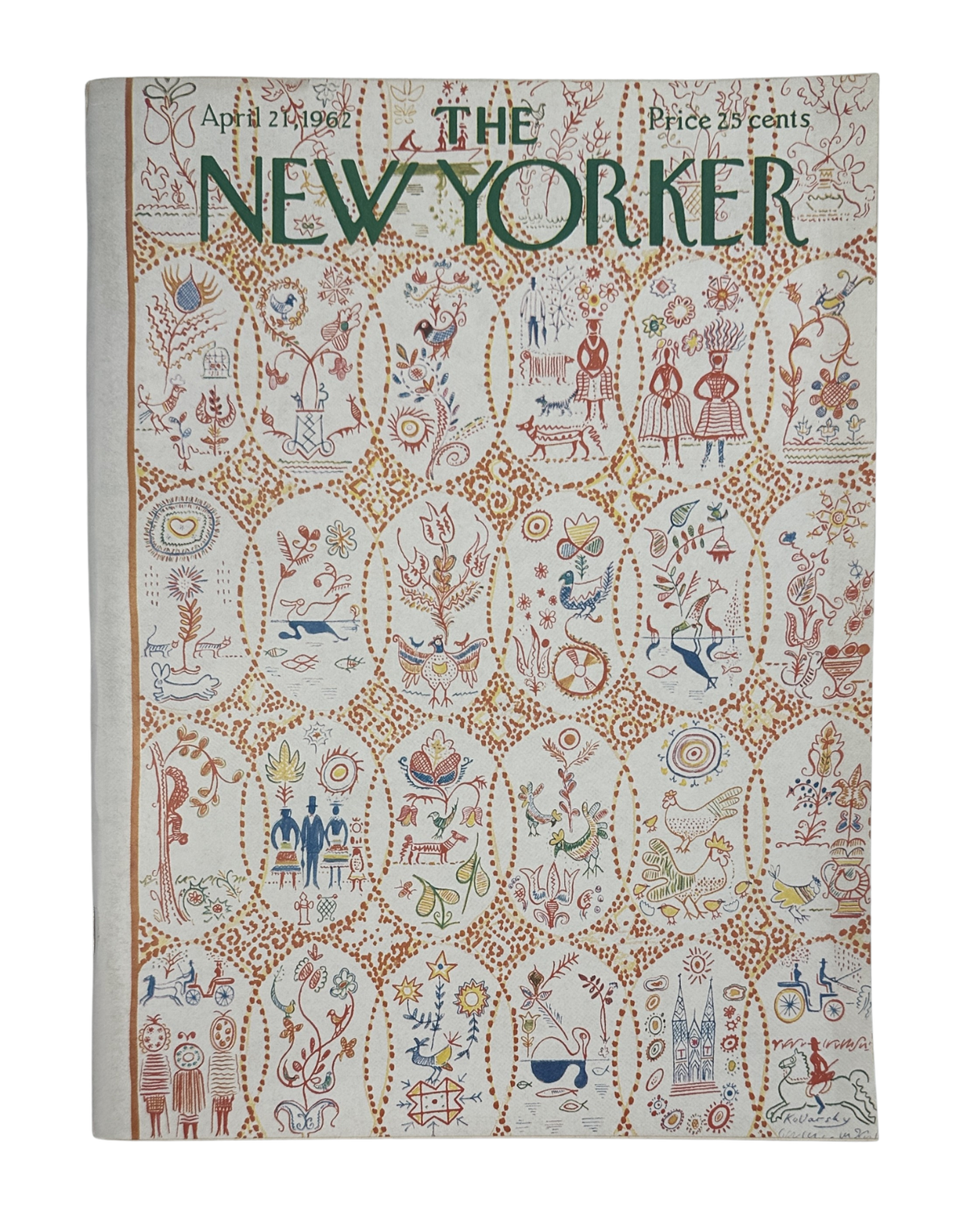 The New Yorker Magazine April 21, 1962 Folk Art Textile Anatol Kovarsky Cover VG, showing the illustrated folk art textile cover with colorful figures and decorative patterns.