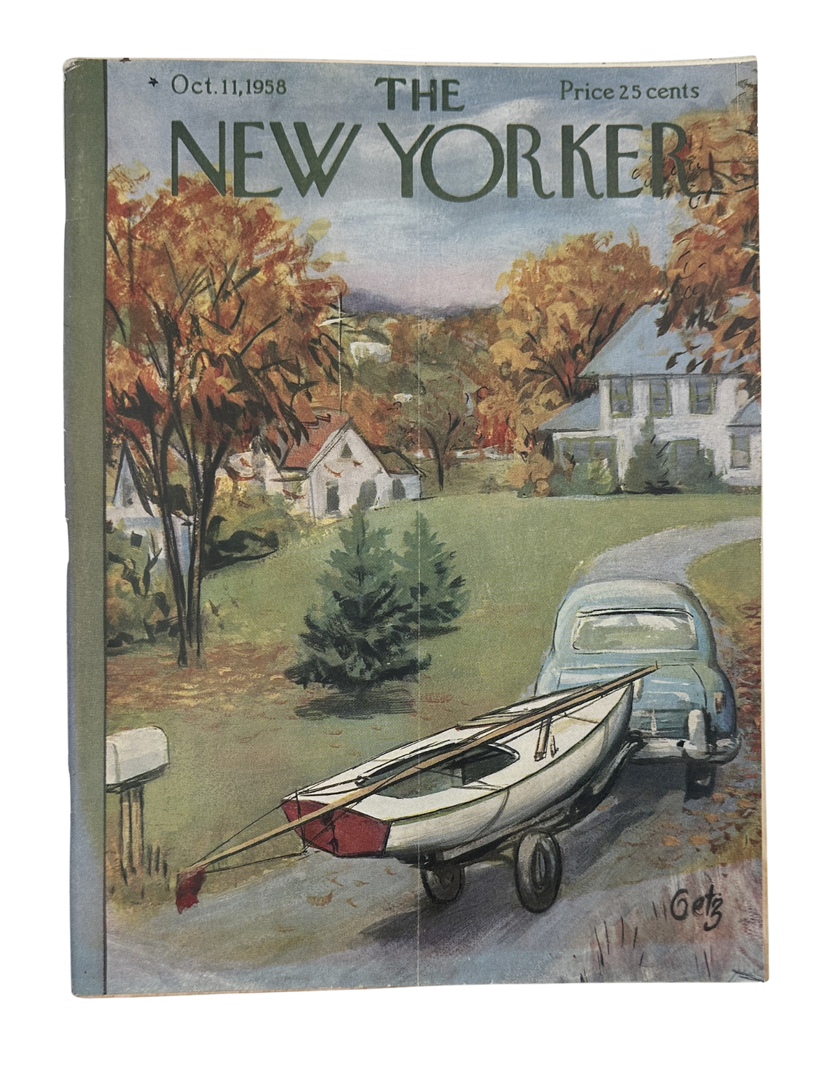 The New Yorker Magazine October 11, 1958 Autumn Canoe Trailer Arthur Getz Cover, featuring an autumn countryside scene with a canoe trailer and vintage car.