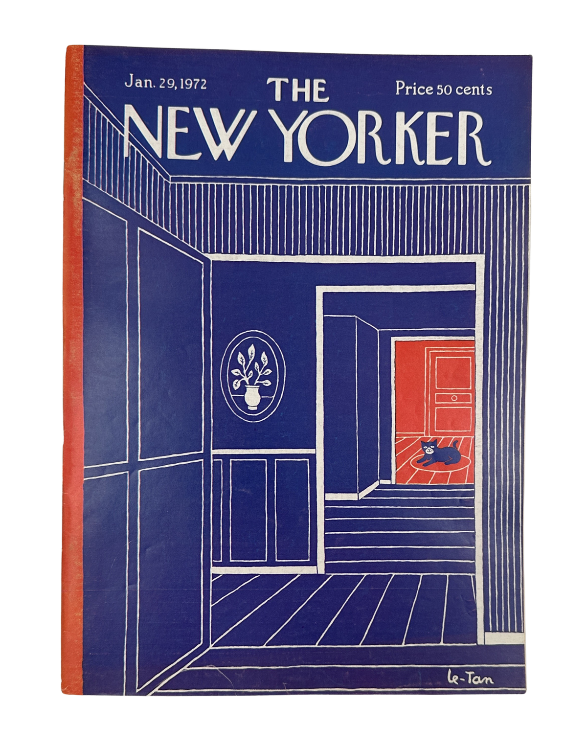 The New Yorker Magazine January 29, 1972 Blue Hallway Black Cat Pierre Le-Tan Cover VG, featuring the illustrated blue hallway cover with a black cat and red doorway.
