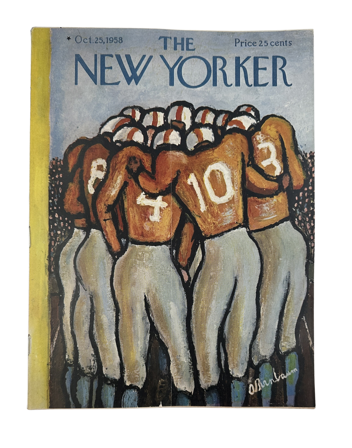 The New Yorker Magazine October 25, 1958 Football Huddle Abe Birnbaum Cover featuring illustrated football players in a team huddle