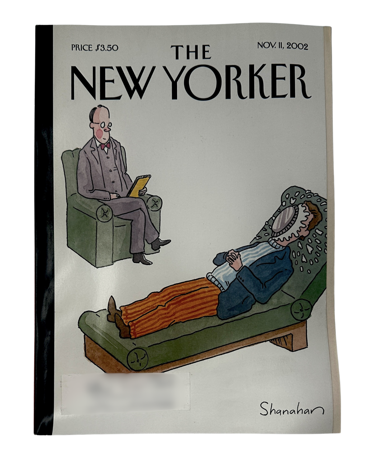 The New Yorker Magazine November 11, 2002 Therapist Patient Cartoon Danny Shanahan Cover VG, front cover featuring a therapist and reclining patient in a humorous cartoon scene.