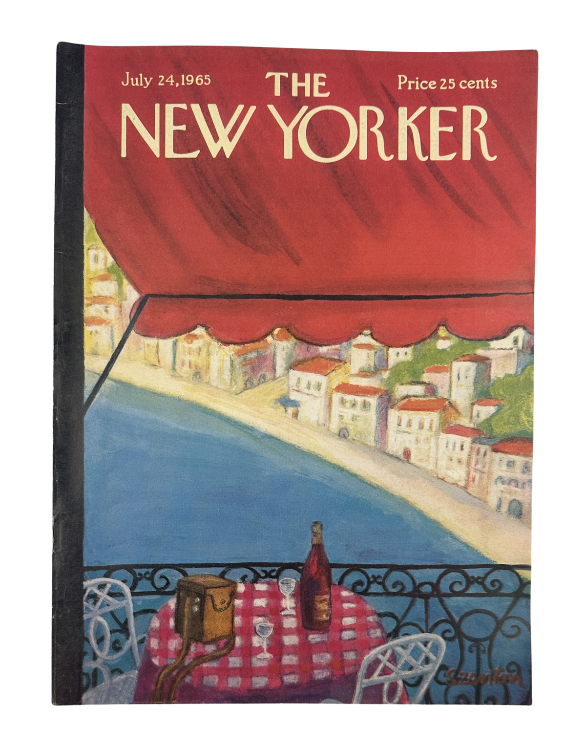 The New Yorker Magazine July 24, 1965 Seaside Cafe Coastal View Beatrice Szanton Cover, featuring a seaside restaurant table overlooking a coastal village.