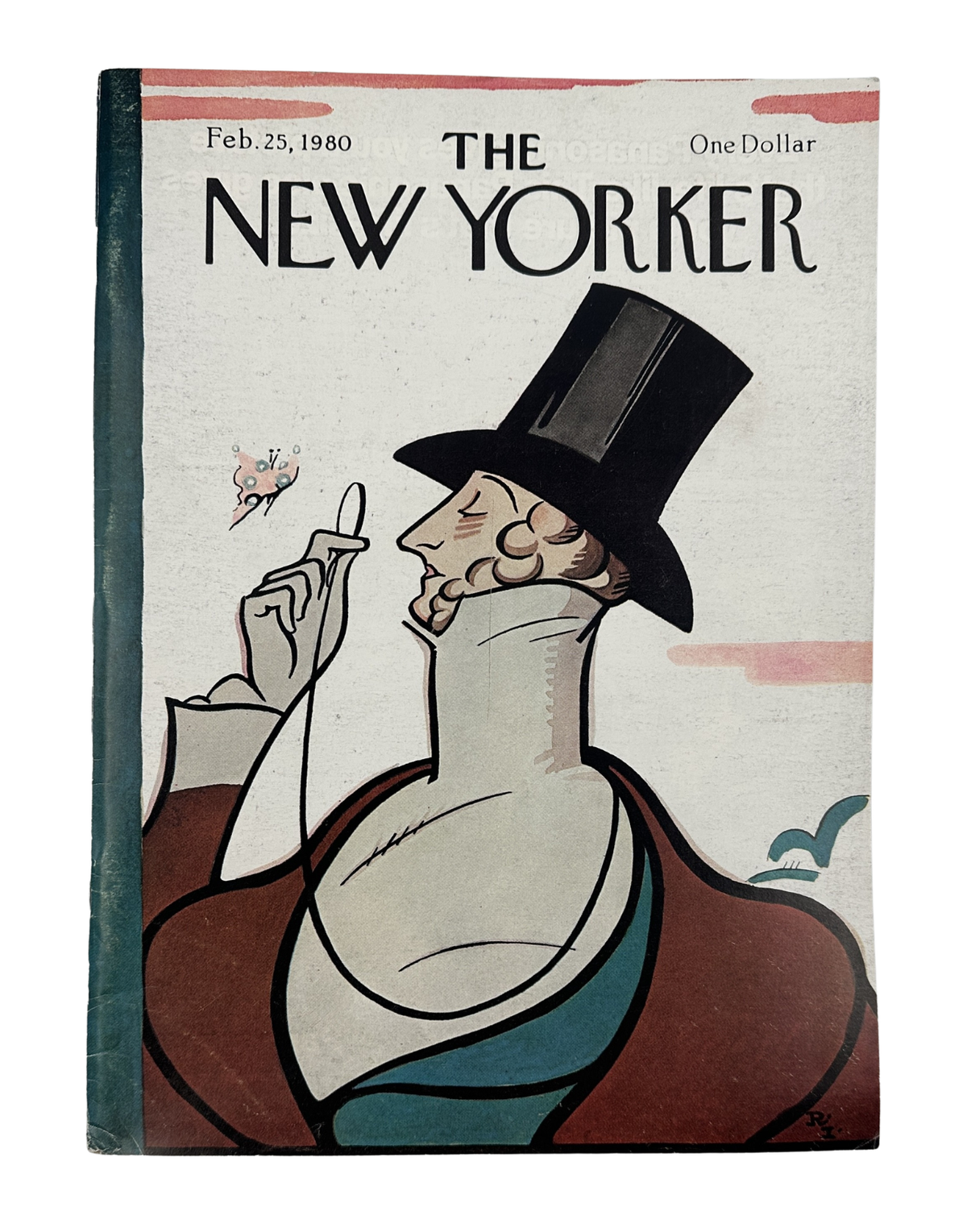 The New Yorker Magazine February 25, 1980 Top Hat Butterfly Rea Irvin Cover, featuring a classic illustrated figure in a black top hat holding a small butterfly.