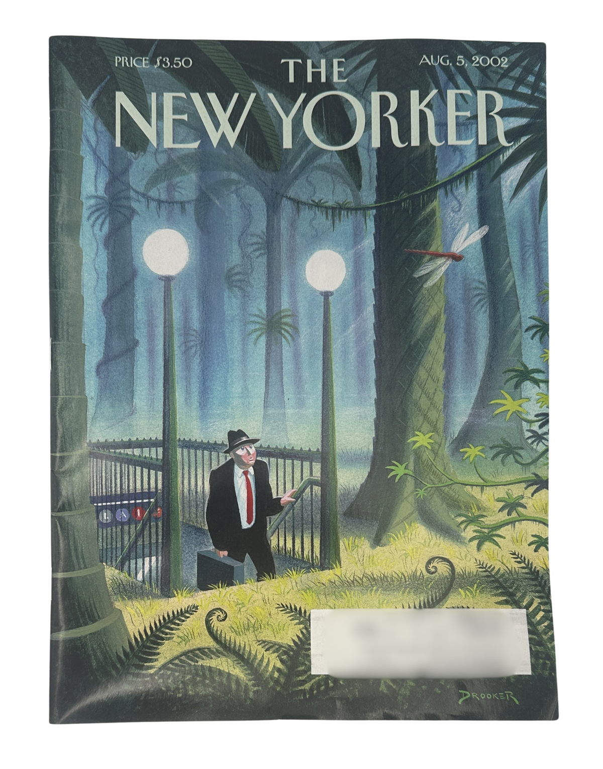 The New Yorker Magazine August 5, 2002 Subway Exit Jungle Eric Drooker Cover VG, featuring an illustrated jungle subway exit with a suited man, glowing globe lamps, tropical plants, and the New Yorker masthead.
