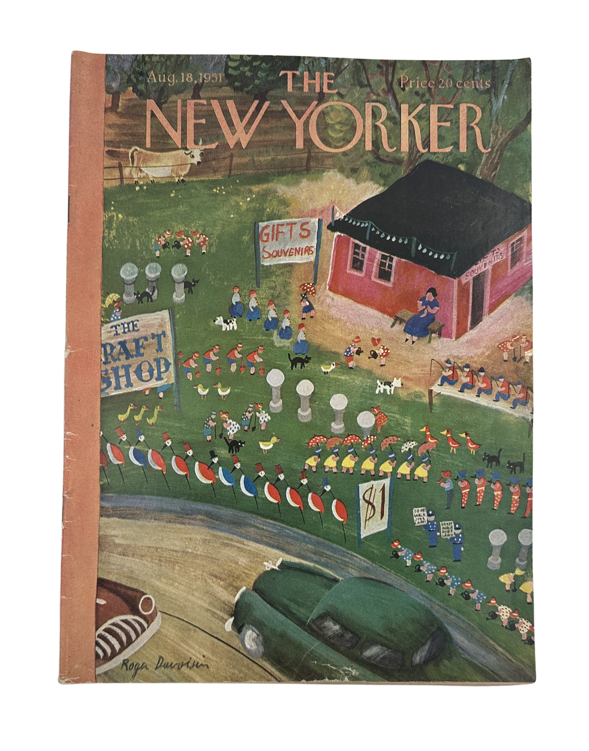 The New Yorker Magazine August 18, 1951 Craft Shop Roger Duvoisin Cover featuring a colorful outdoor craft fair, toy parade, craft shop, and Roger Duvoisin artwork