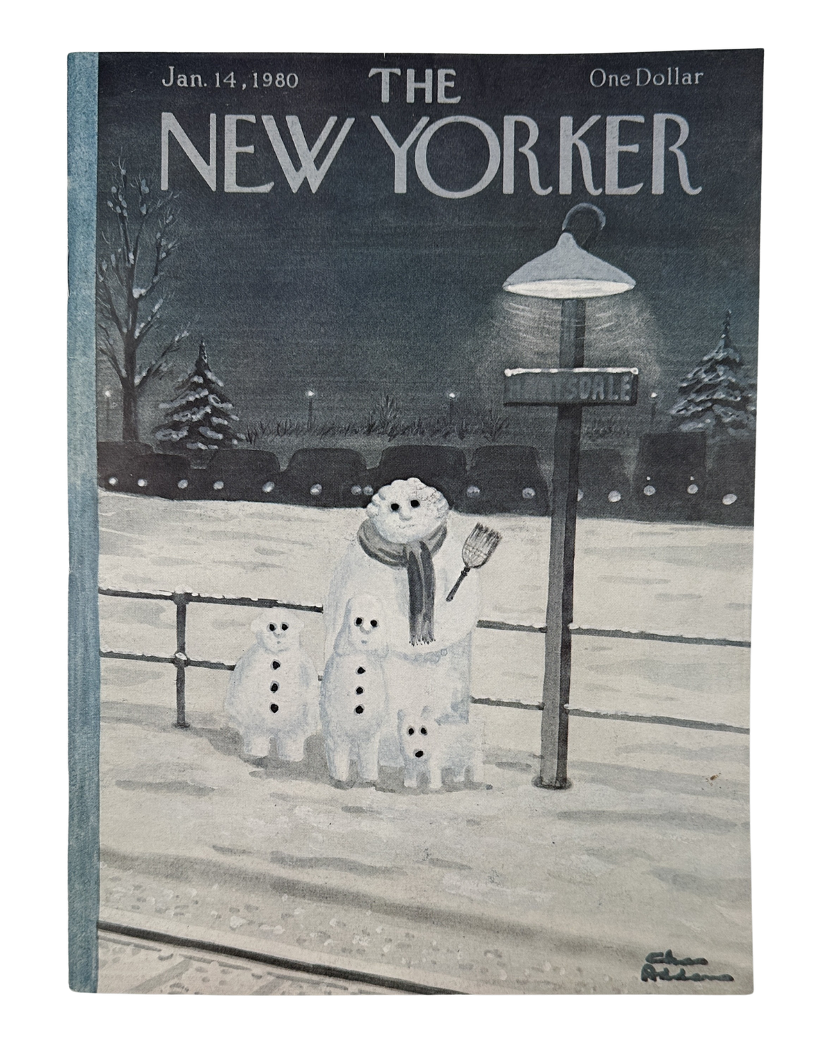 The New Yorker Magazine January 14, 1980 Snow Family Bus Stop Charles Addams Cover, featuring three snow figures waiting at a snowy bus stop at night