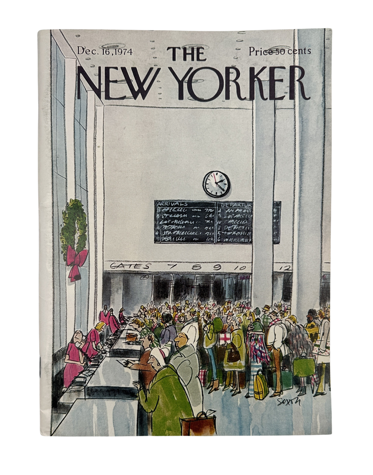 The New Yorker Magazine December 16, 1974 Christmas Airport Travelers Charles Saxon VG, illustrated vintage magazine cover showing busy holiday travelers waiting in an airport terminal