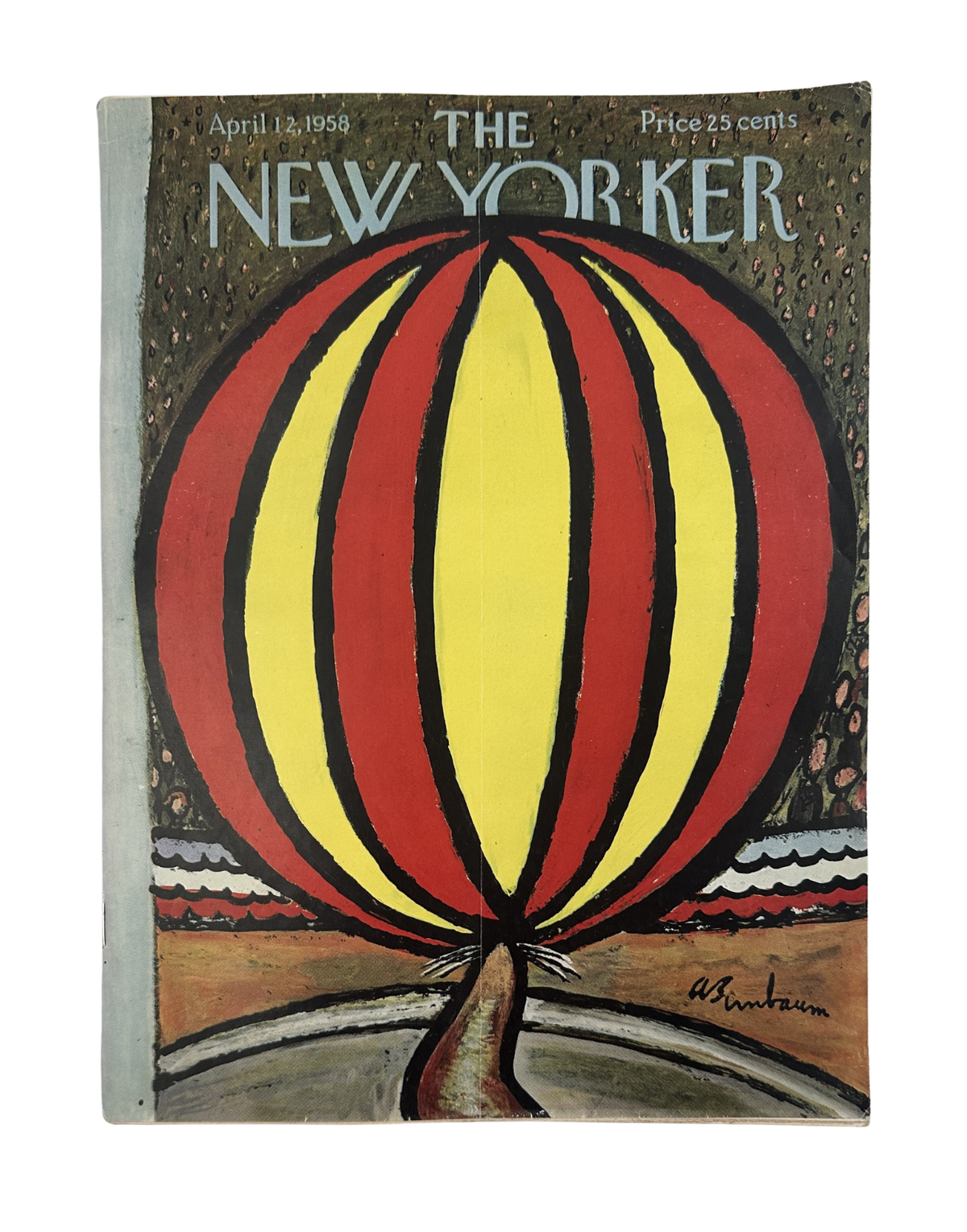 The New Yorker Magazine April 12, 1958 Giant Striped Balloon Abe Birnbaum Cover featuring a colorful red, yellow, and black striped hot-air balloon illustration.