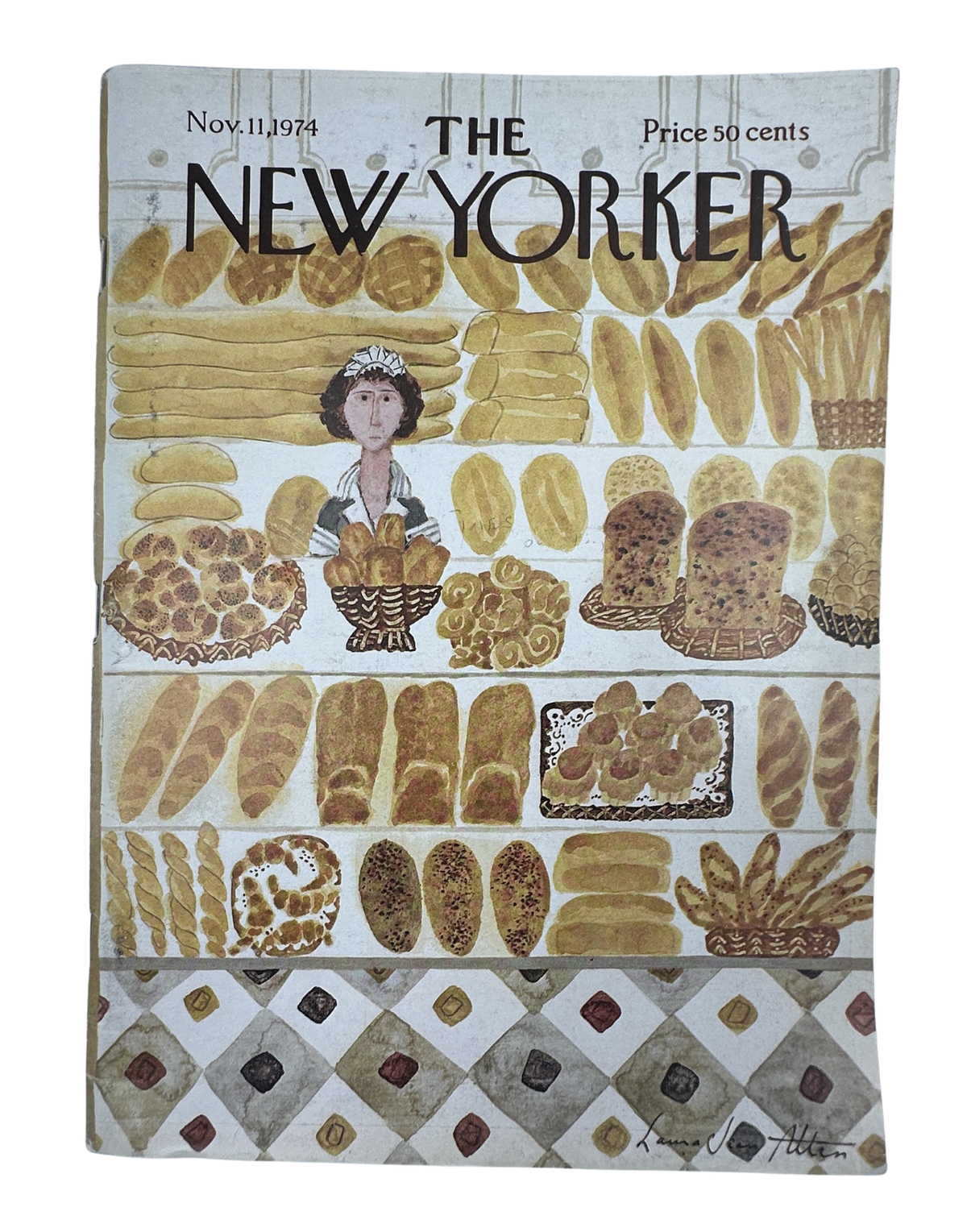 The New Yorker Magazine November 11, 1974 Woman Bakery Bread Display Laura Jean Allen VG, front cover featuring a woman surrounded by an illustrated display of breads and pastries