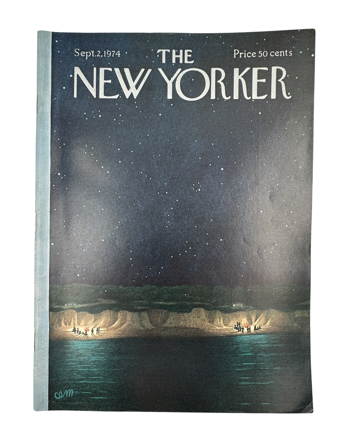 The New Yorker Magazine September 2, 1974 Starry Lakeside Campfires Charles Martin VG, vintage cover featuring a star-filled night sky, lakeside campfires, and illuminated shoreline.