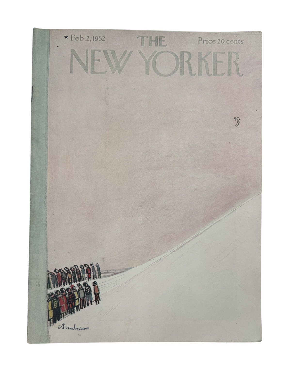 The New Yorker Magazine February 2, 1952 Ski Jump Abe Birnbaum Cover featuring skiers gathered at the base of a snowy ski jump