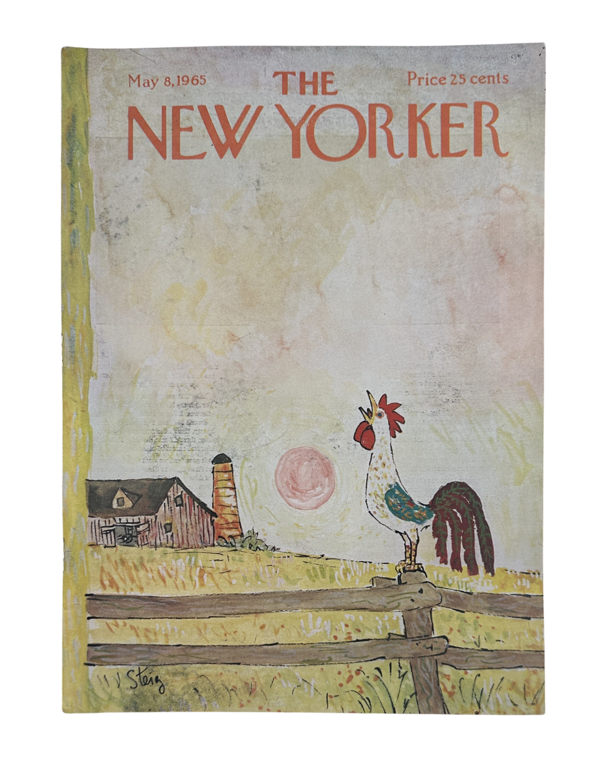 The New Yorker Magazine May 8, 1965 Rooster Farm Sunrise Country William Steig Cover VG, featuring a colorful rooster, farmhouse, and sunrise countryside illustration.