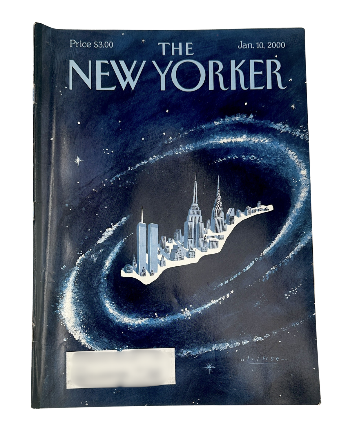 The New Yorker Magazine January 10, 2000 Center of the Universe Mark Ulriksen Cover featuring a starry night illustration of New York City floating in a cosmic spiral.