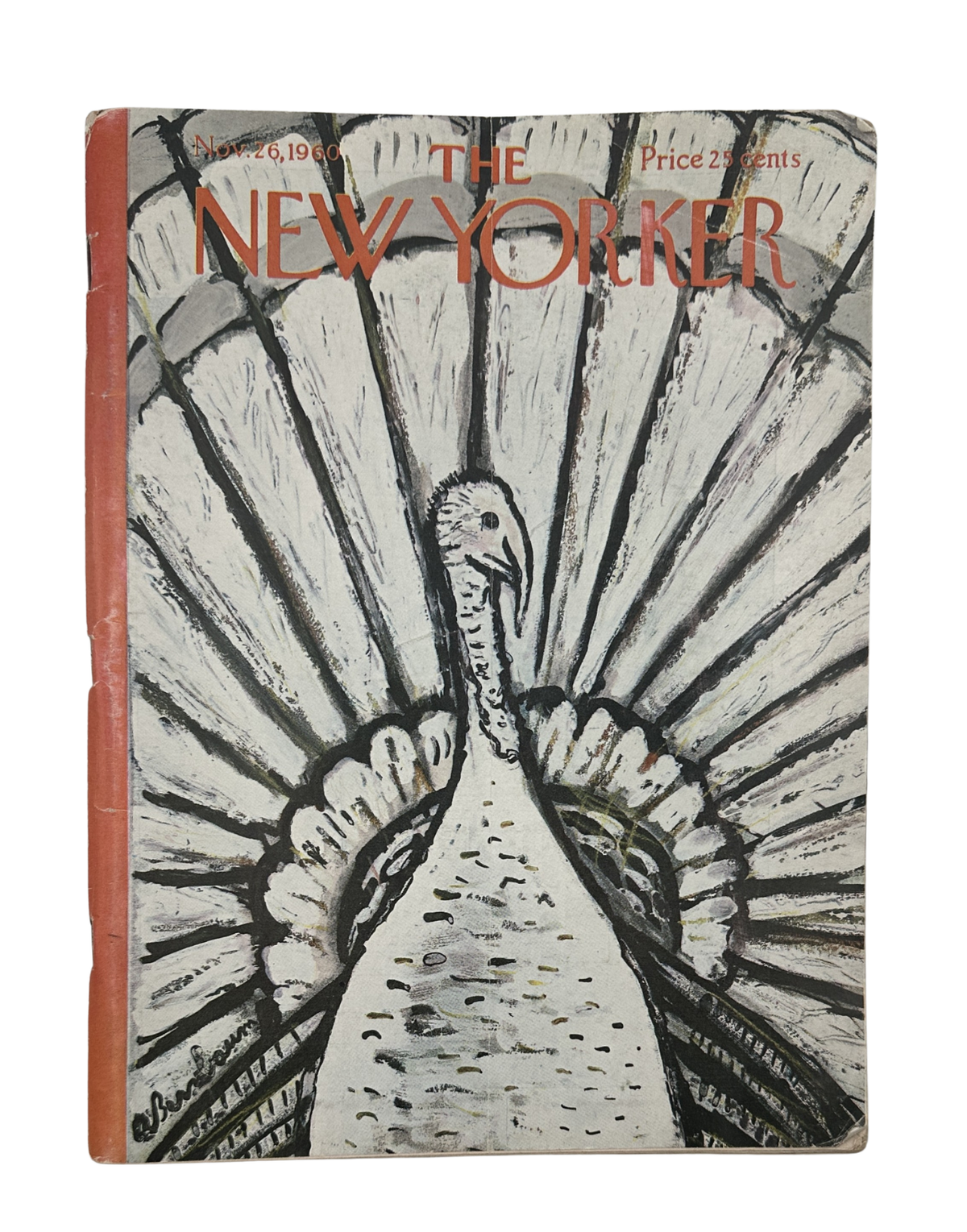 The New Yorker Magazine November 26, 1960 Thanksgiving Turkey Abe Birnbaum Cover, showing a vintage illustrated turkey on the front cover with visible age and wear.