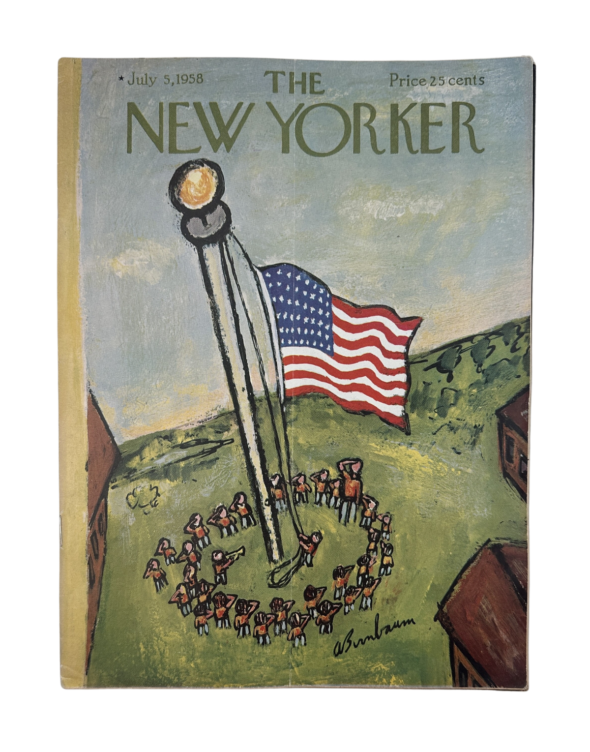 The New Yorker Magazine July 5, 1958 Flagpole Salute Abe Birnbaum Cover featuring an American flag raised on a flagpole surrounded by people.