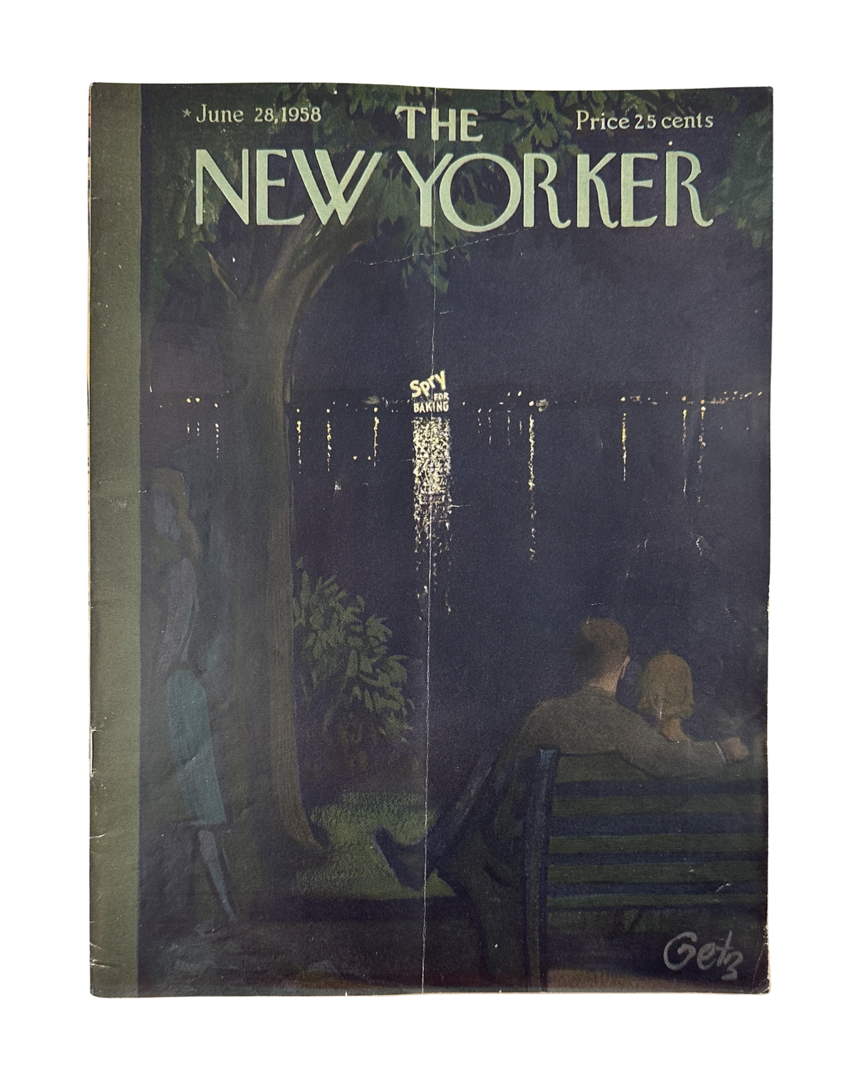 The New Yorker Magazine June 28, 1958 Lakeside Fireworks Arthur Getz Cover, illustrated nighttime scene with a couple seated on a park bench watching fireworks over the water.