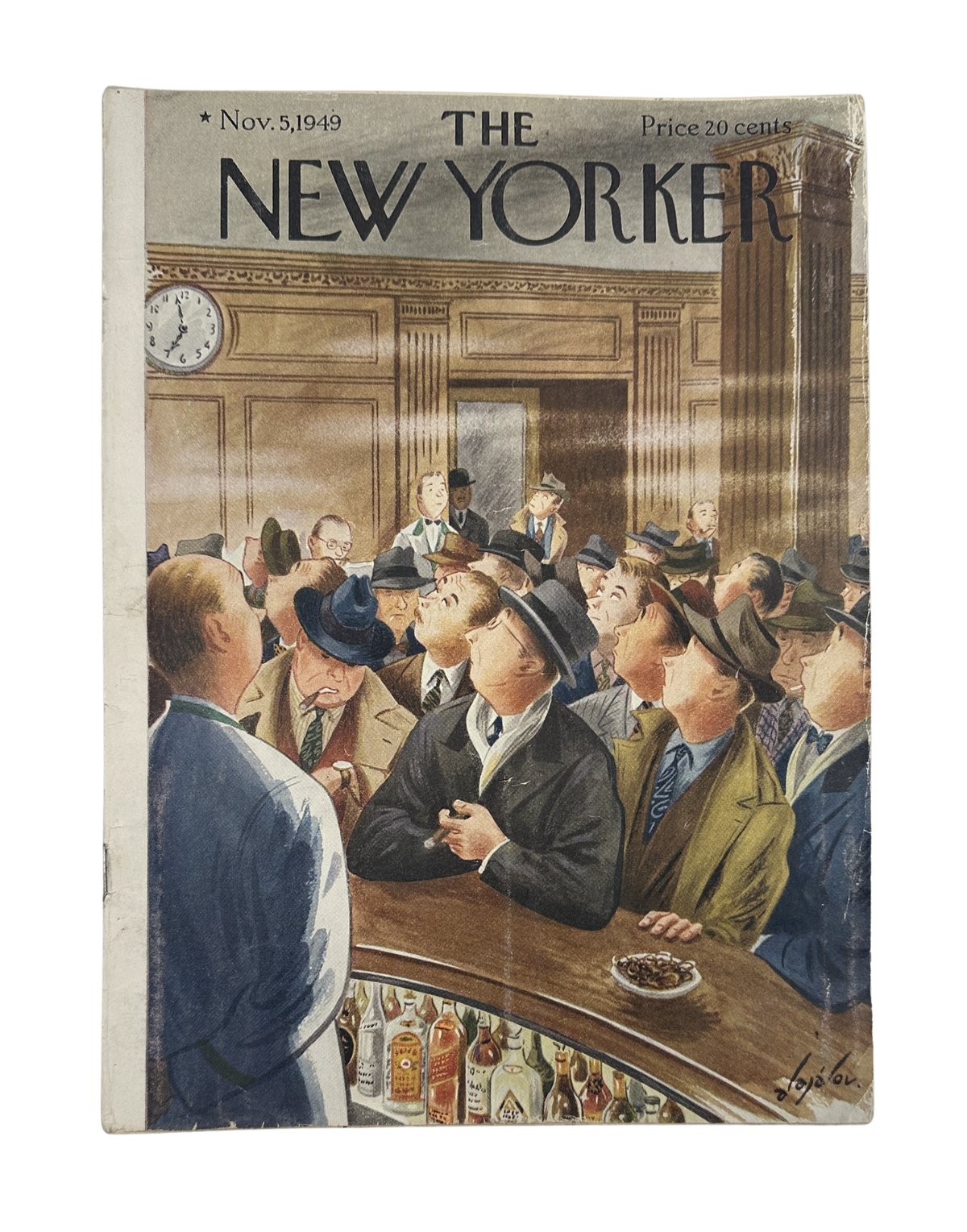 The New Yorker Magazine November 5, 1949 cover featuring a crowded bar scene with patrons, a wall clock, and bartender artwork by Constantin Aladjalov