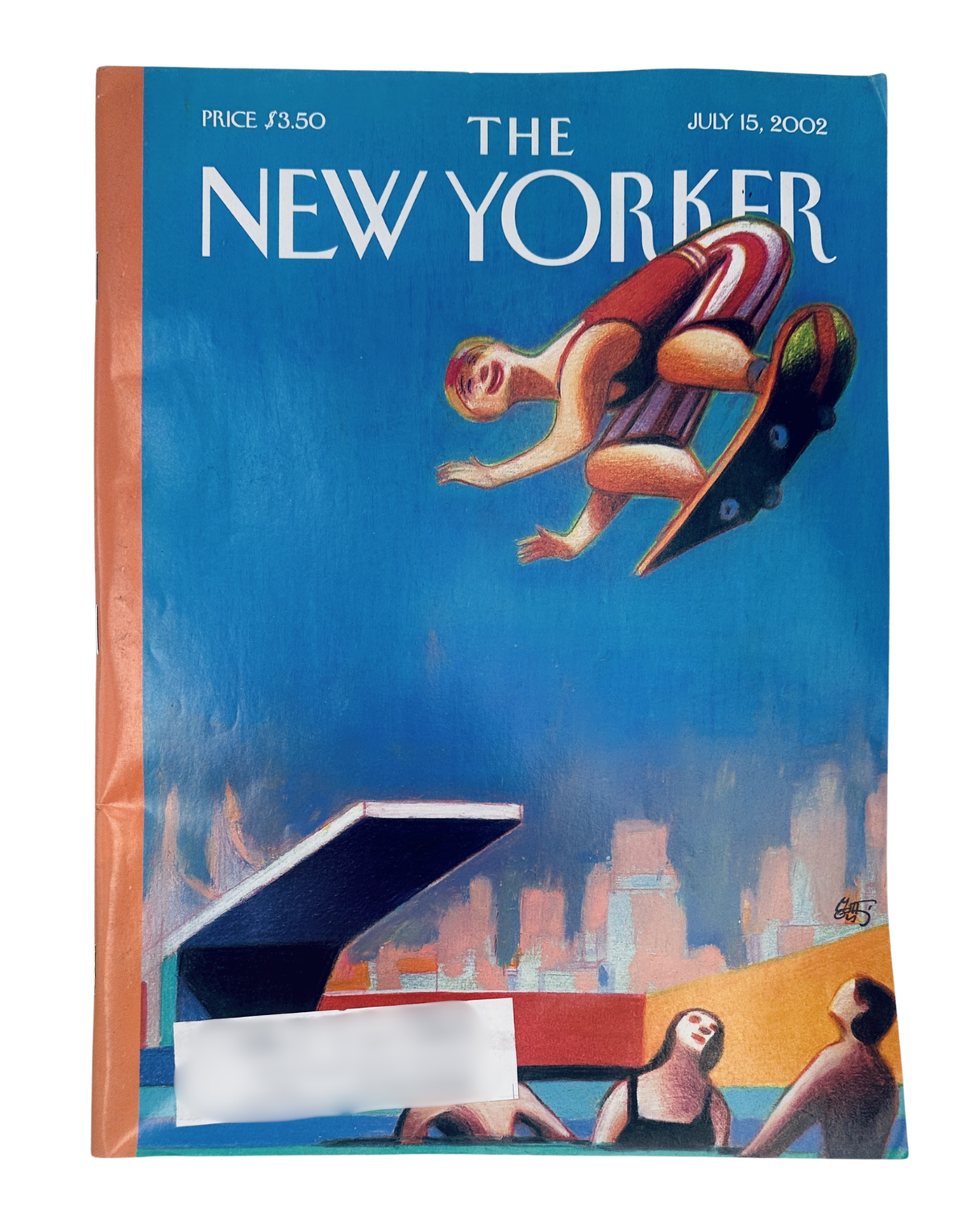 The New Yorker Magazine July 15, 2002 Summer Highs Lorenzo Mattotti Cover VG, front cover featuring a surreal illustration of a person diving or skateboarding above a colorful city scene.