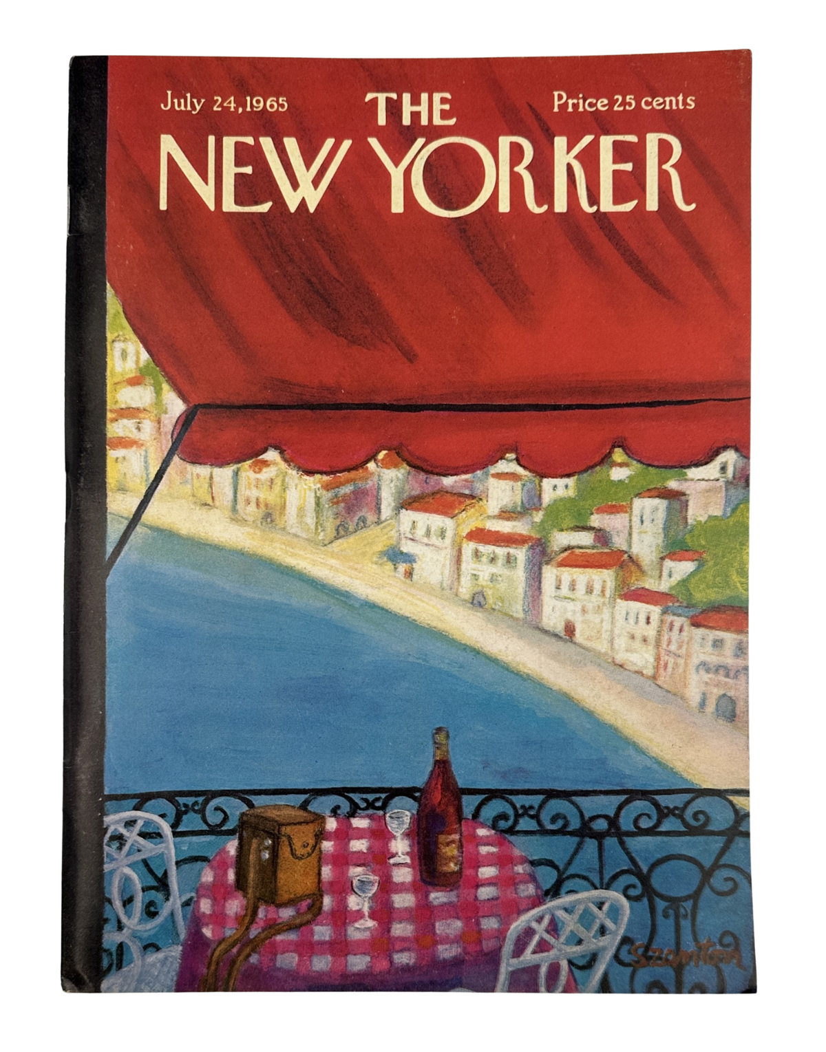 The New Yorker Magazine July 24, 1965 Balcony Seaside Beatrice Szanton Cover VG, featuring a seaside balcony scene with red awning, waterfront village, table setting, wine bottle, and wrought-iron railing.