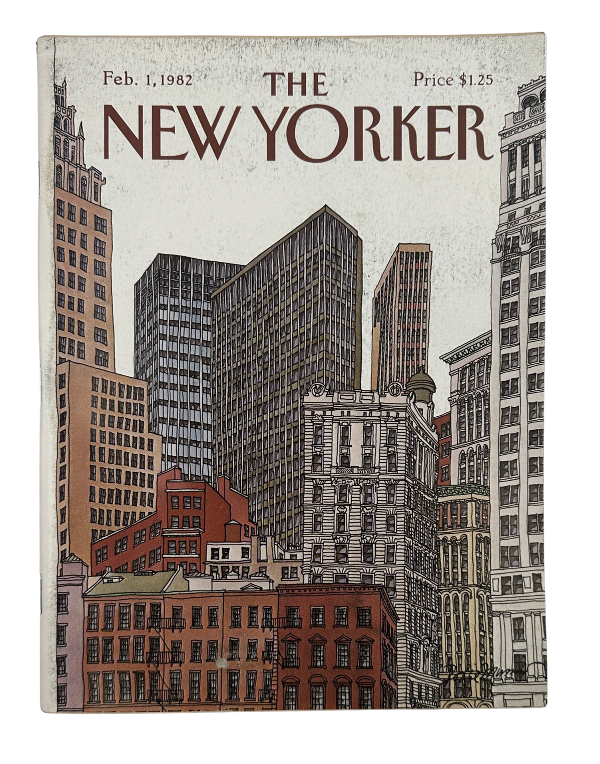 The New Yorker Magazine February 1, 1982 City Skyline Buildings Roxie Munro Cover featuring an illustrated New York City street scene with skyscrapers and historic buildings.