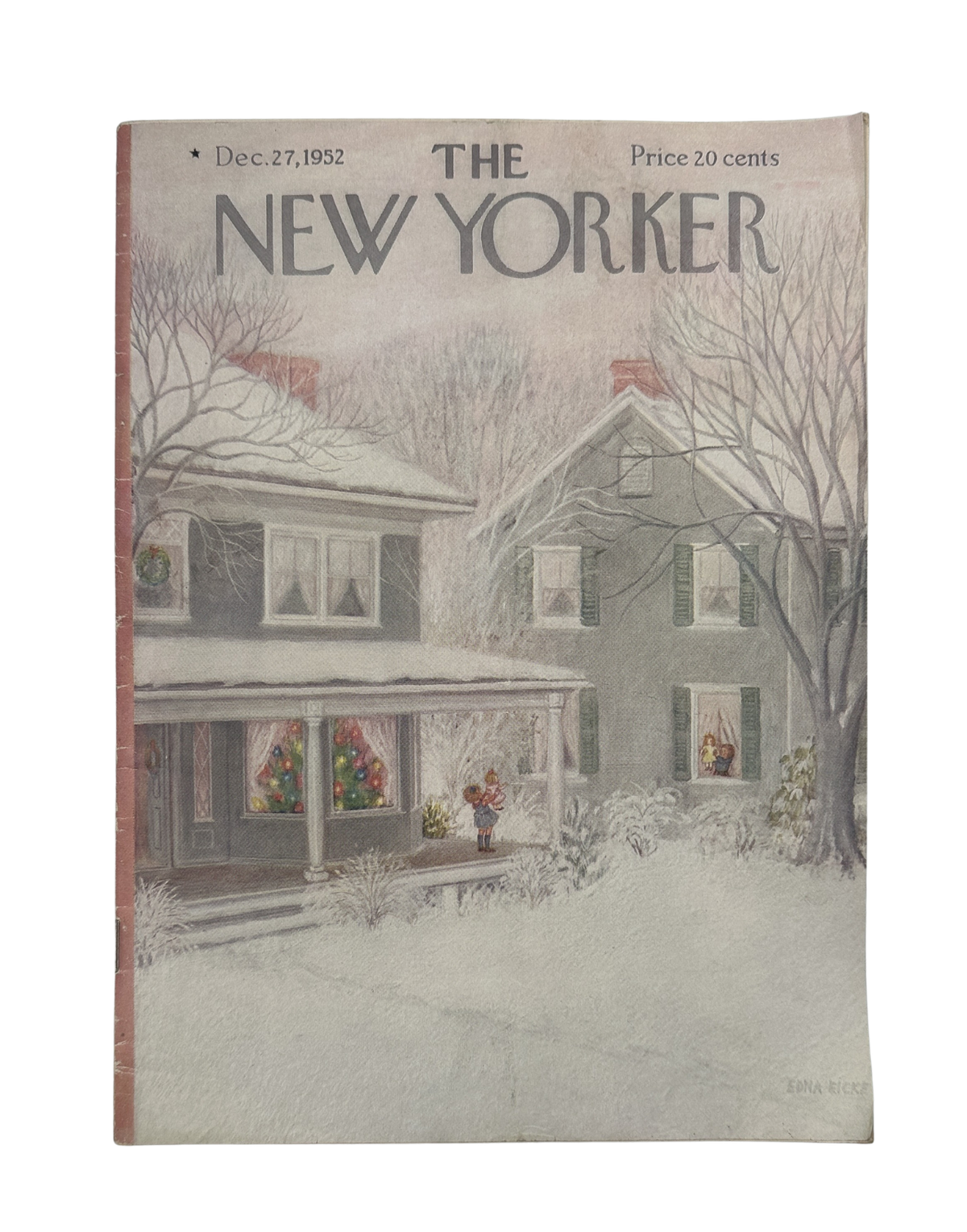 The New Yorker Magazine December 27, 1952 Christmas Snow Edna Eicke Cover featuring a snowy holiday village scene with decorated windows and houses.