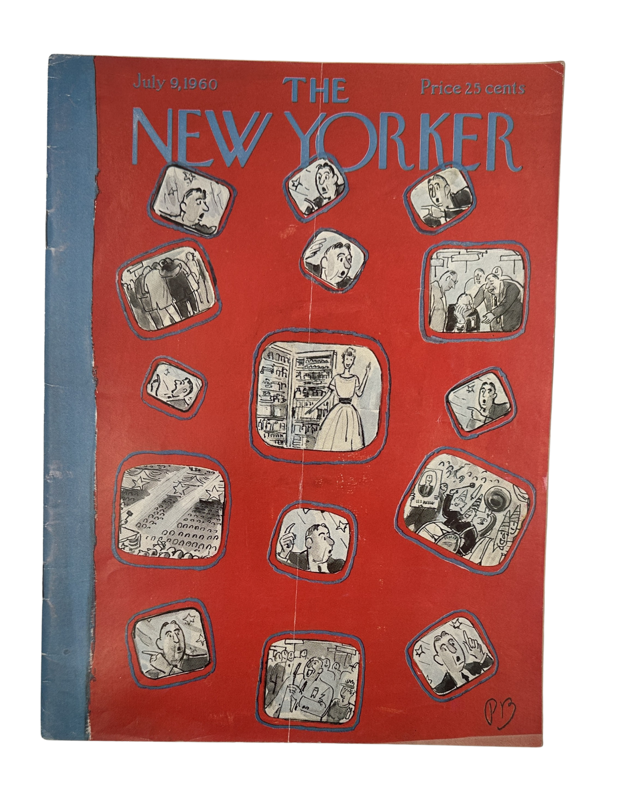The New Yorker Magazine July 9, 1960 Red TV Cartoon Panels Perry Barlow Cover, featuring a red cover with illustrated television screens and vintage cartoon panels.