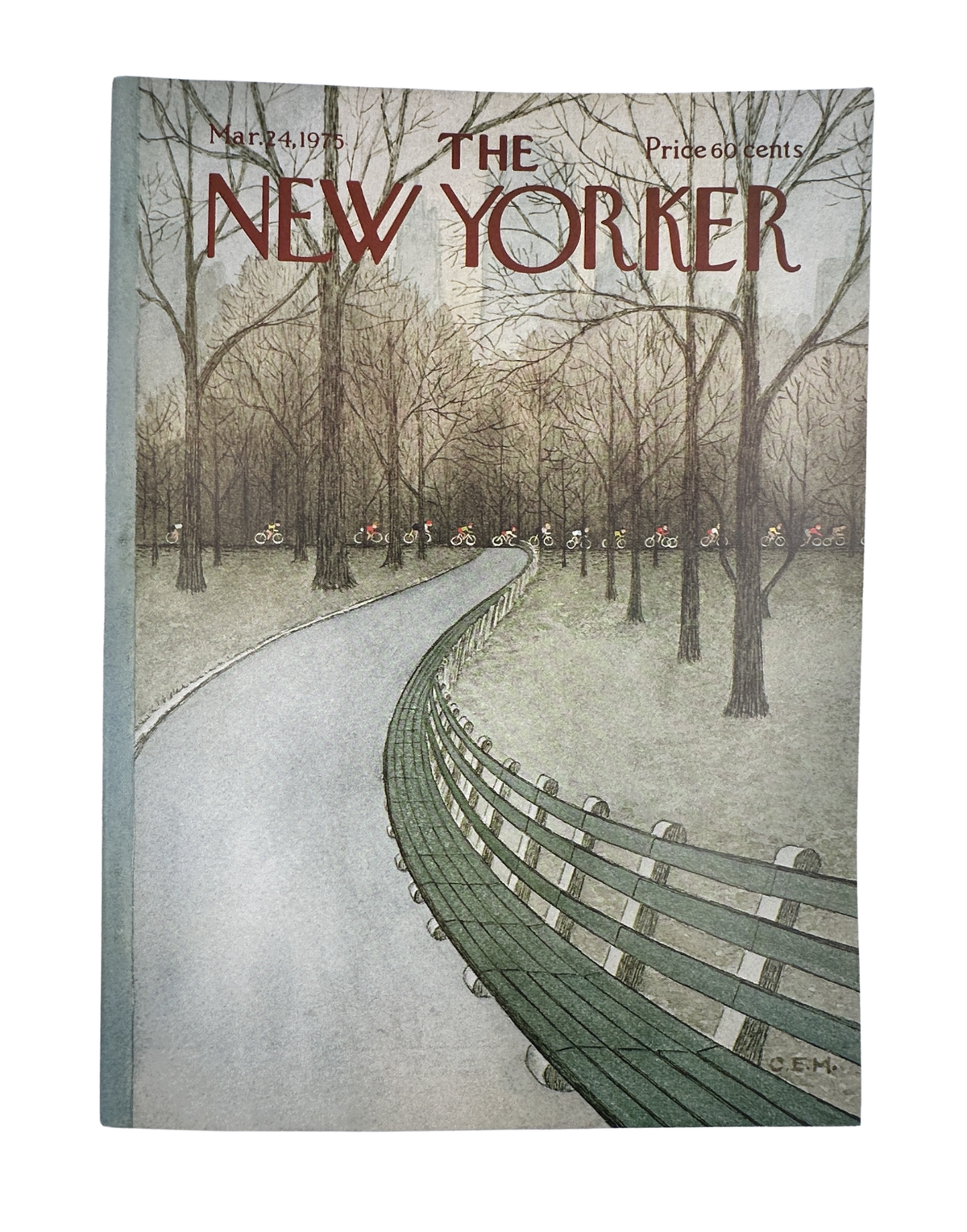 The New Yorker Magazine March 24, 1975 Cyclists Forest Park Bench Charles Martin VG, illustrated cover featuring a winding forest path, park bench, and cyclists.