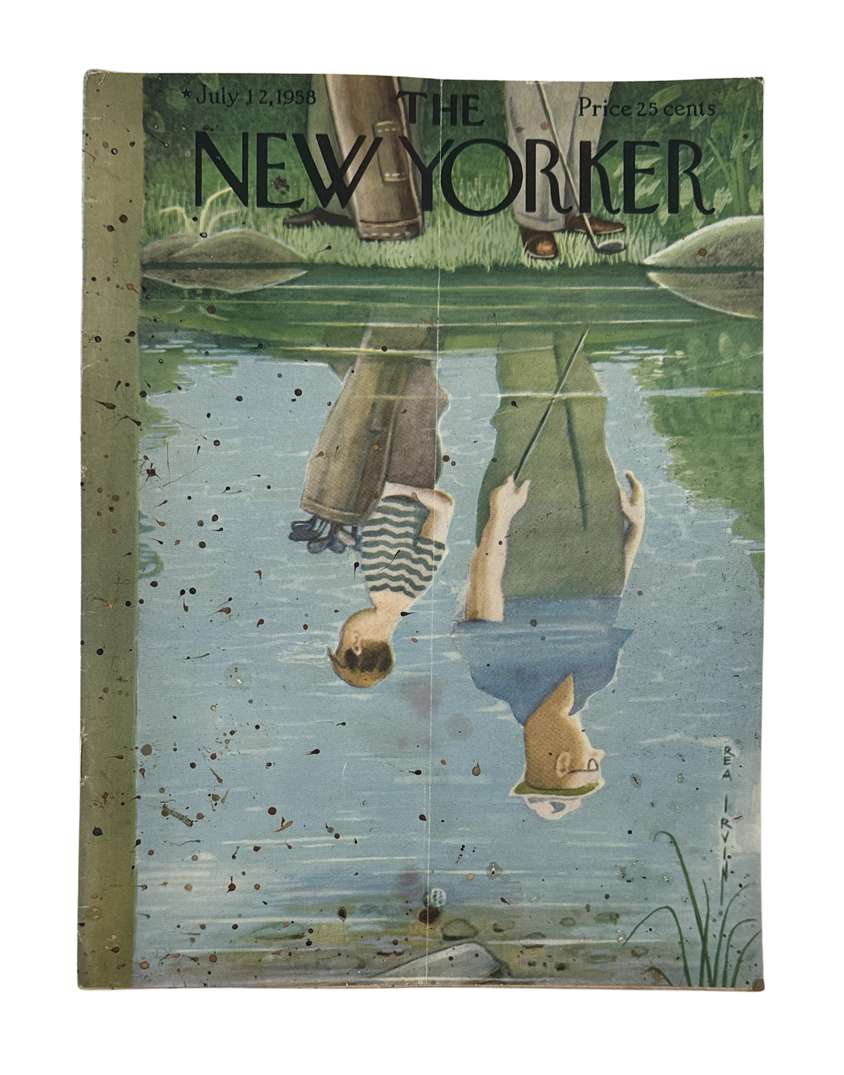 The New Yorker Magazine July 12, 1958 Pond Fishing Reflection Rea Irvin Cover, full front cover showing a whimsical pond fishing reflection illustration with visible wear and water damage