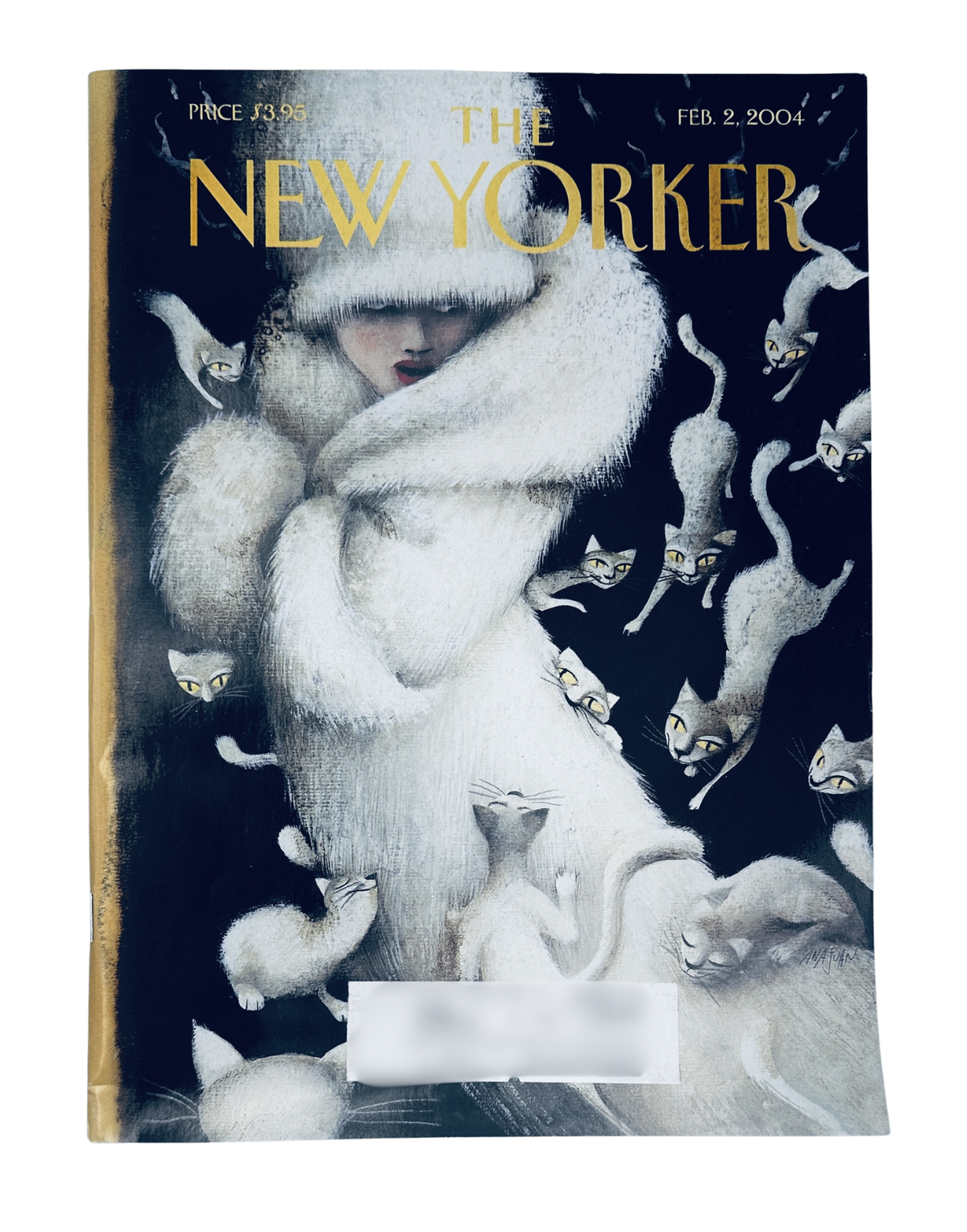 The New Yorker Magazine February 2, 2004 Woman White Fur Cats Ana Juan Cover VG, featuring an illustrated woman in a white fur coat surrounded by white and gray cats on a dark background.