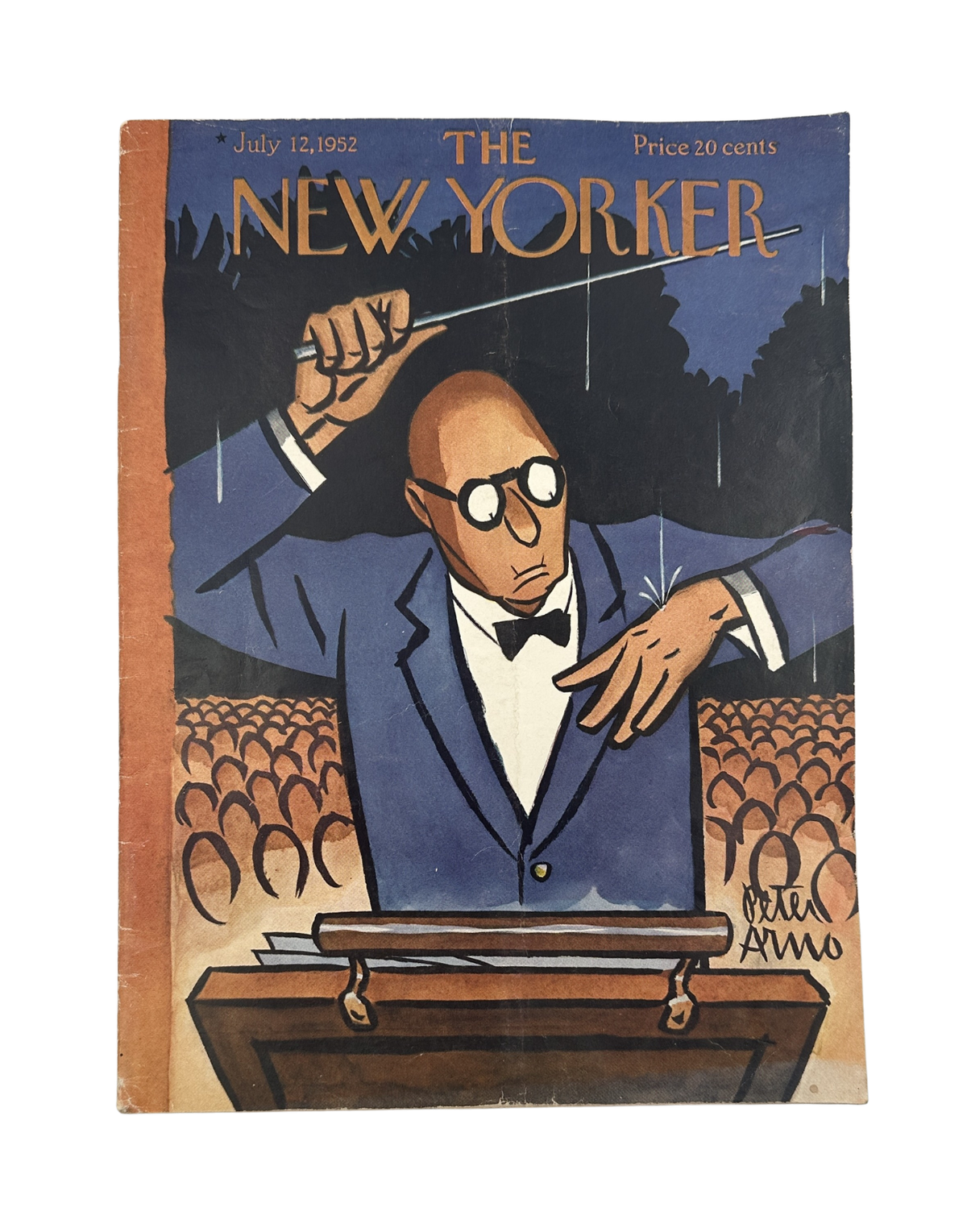 The New Yorker Magazine July 12, 1952 Conductor Peter Arno Cover featuring a tuxedoed orchestra conductor raising his baton before an audience, vintage illustrated magazine cover.