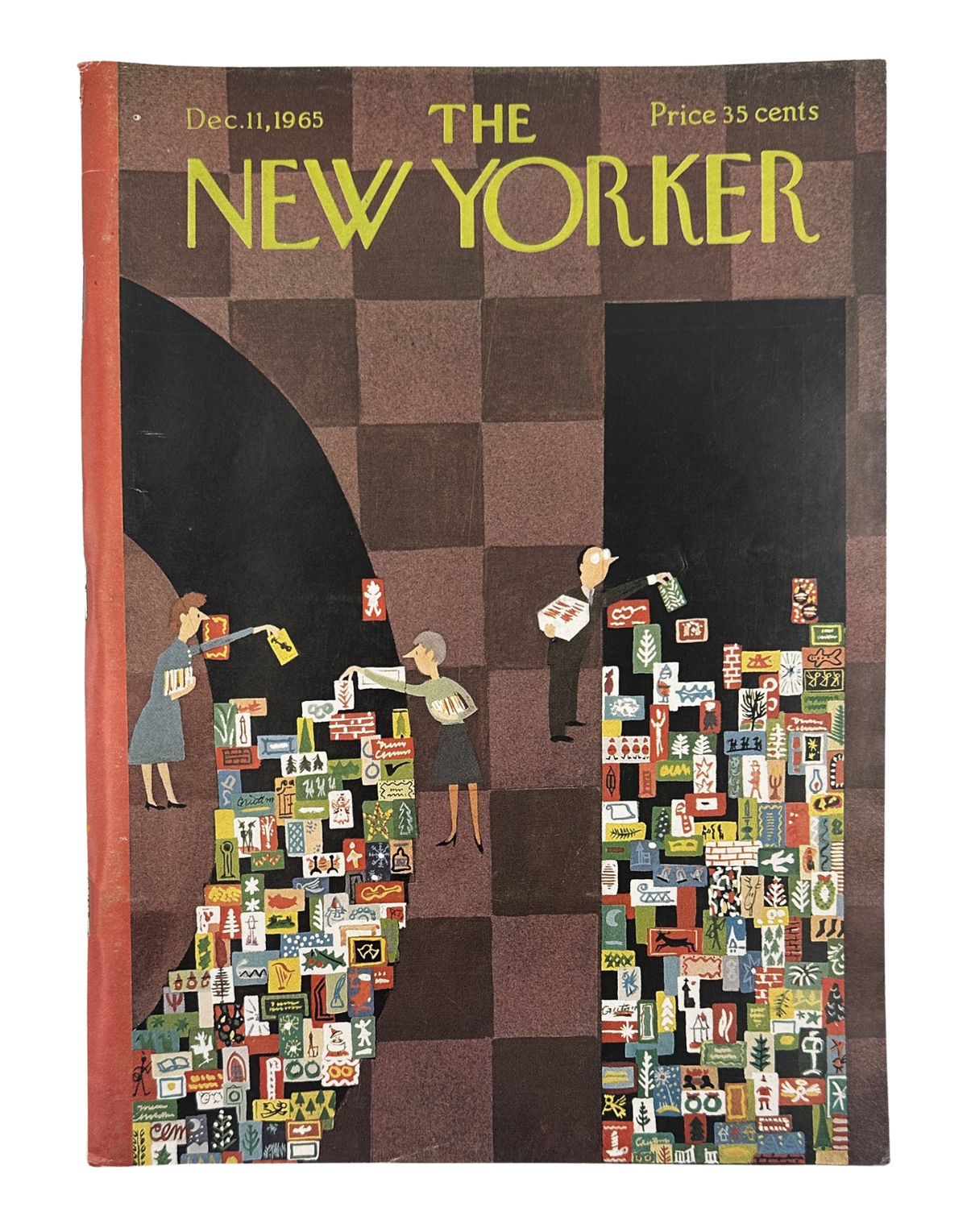 The New Yorker Magazine December 11, 1965 Holiday Gift Boxes Charles Martin Cover featuring the illustrated vintage magazine cover with holiday gift boxes and shoppers