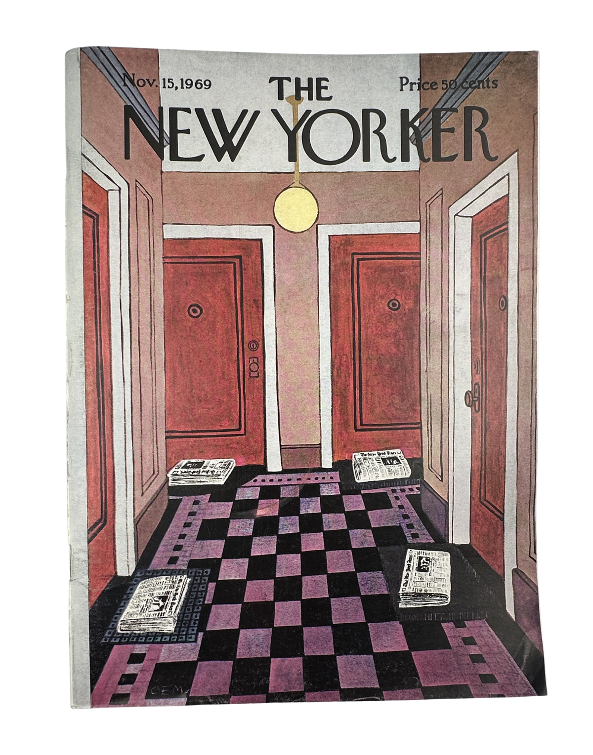 The New Yorker Magazine November 15, 1969 Apartment Hallway Newspapers Charles Martin, front cover featuring a colorful illustrated apartment hallway with red doors, checkerboard floor, hanging light, and scattered newspapers.
