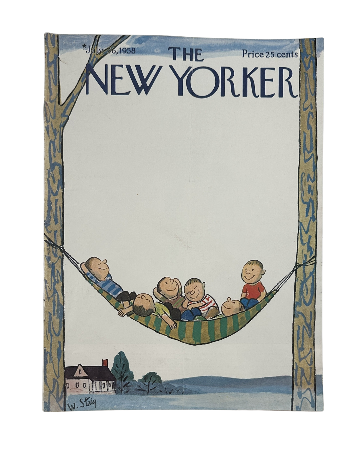 The New Yorker Magazine July 26, 1958 Children in Hammock William Steig Cover featuring children relaxing in a hammock between two trees above a countryside scene.