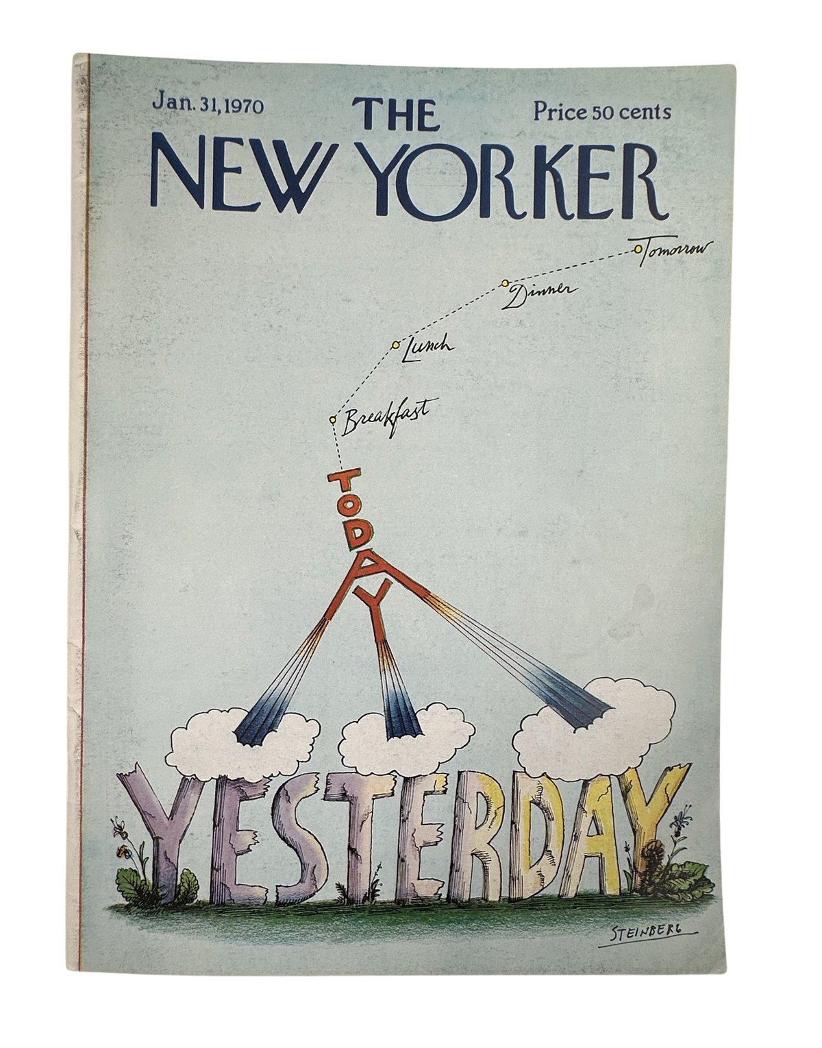 The New Yorker Magazine January 31, 1970 Yesterday Today Tomorrow Saul Steinberg Cover, featuring a vintage illustrated cover with the words Yesterday and Today and a price of 50 cents.
