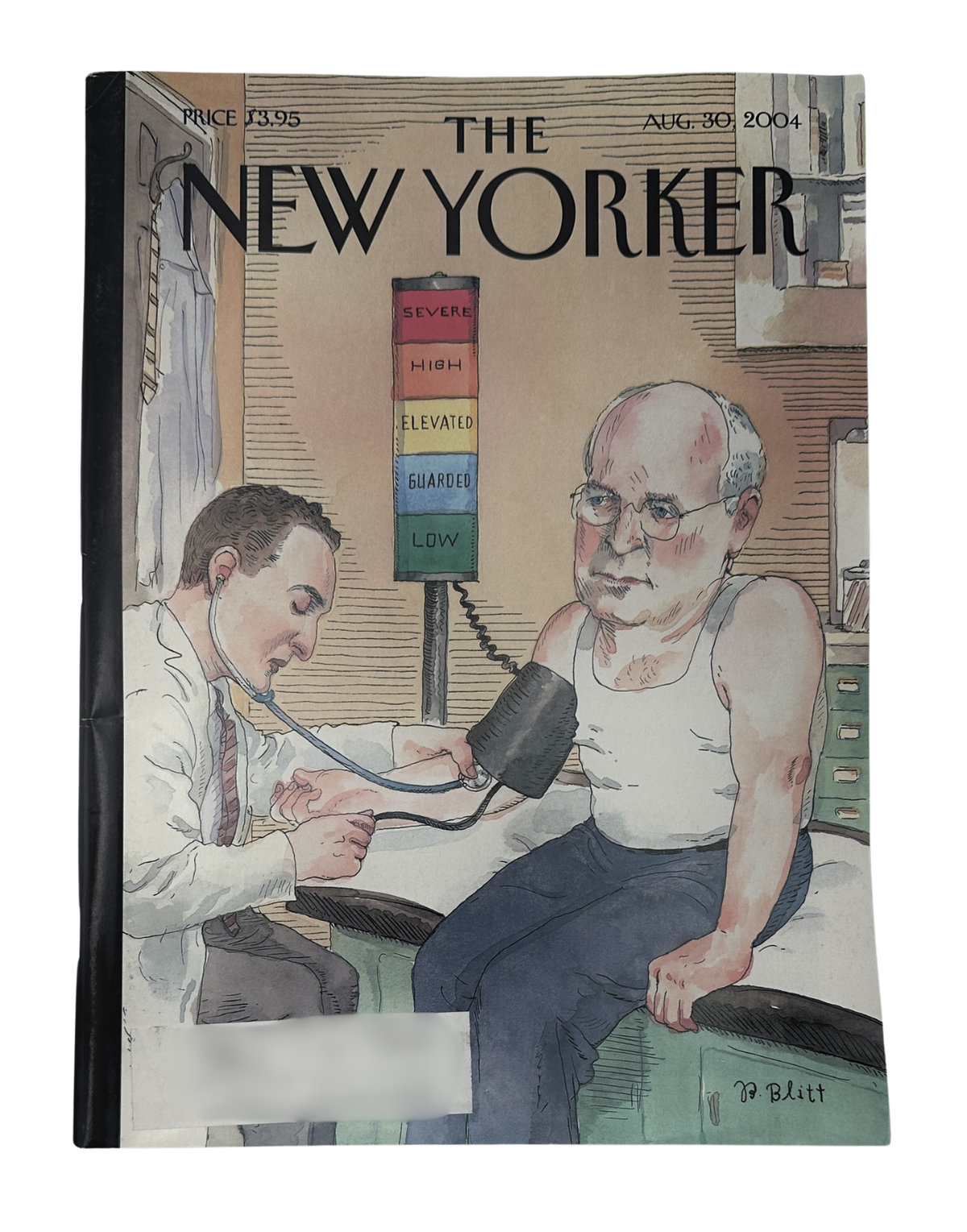 The New Yorker Magazine August 30, 2004 Doctor Exam Alert Barry Blitt Cover VG, featuring a humorous illustration of a doctor examining a seated patient with a blood pressure cuff.