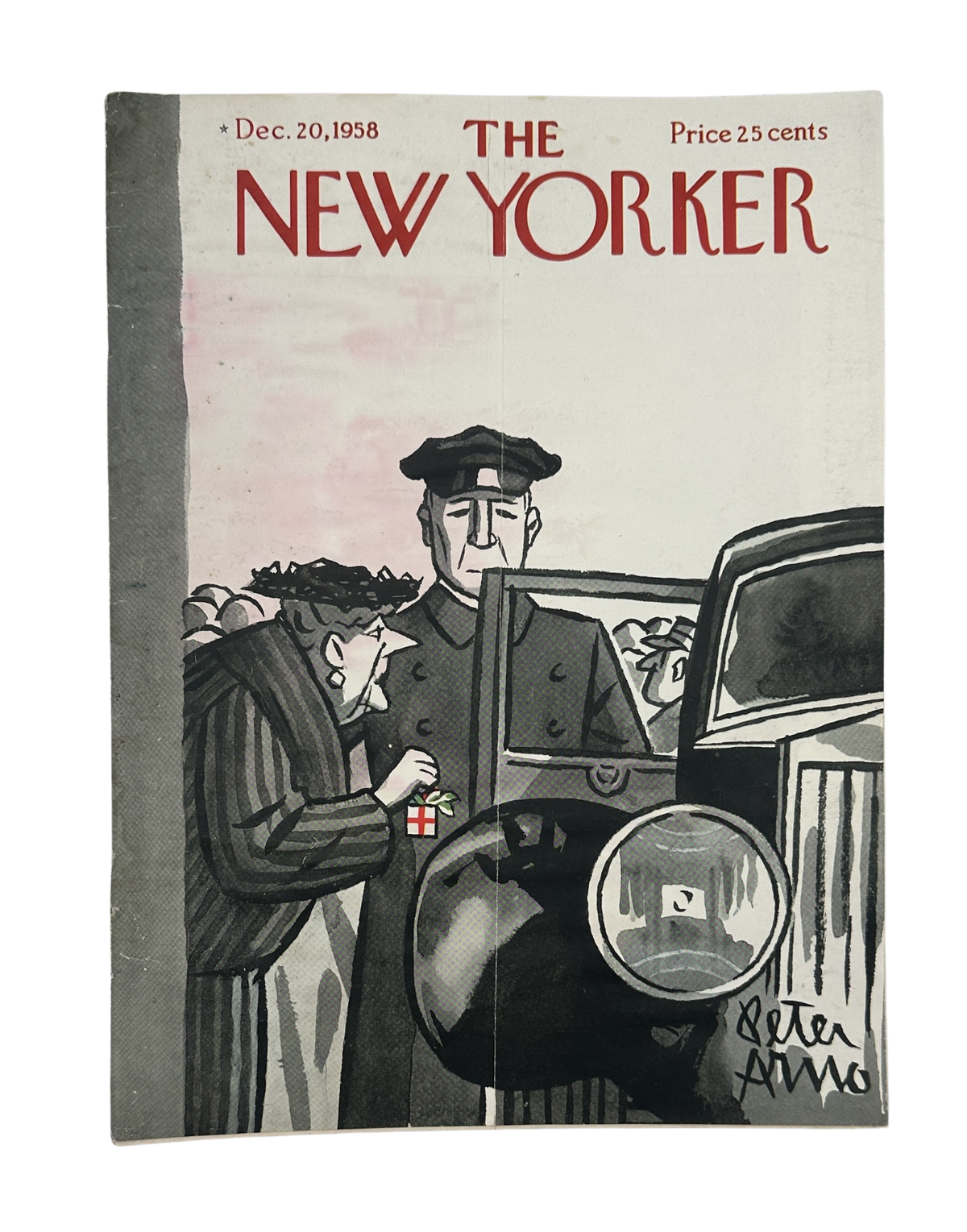 The New Yorker Magazine December 20, 1958 Christmas Taxi Peter Arno Cover, showing the vintage Christmas-themed taxi illustration and worn magazine condition.