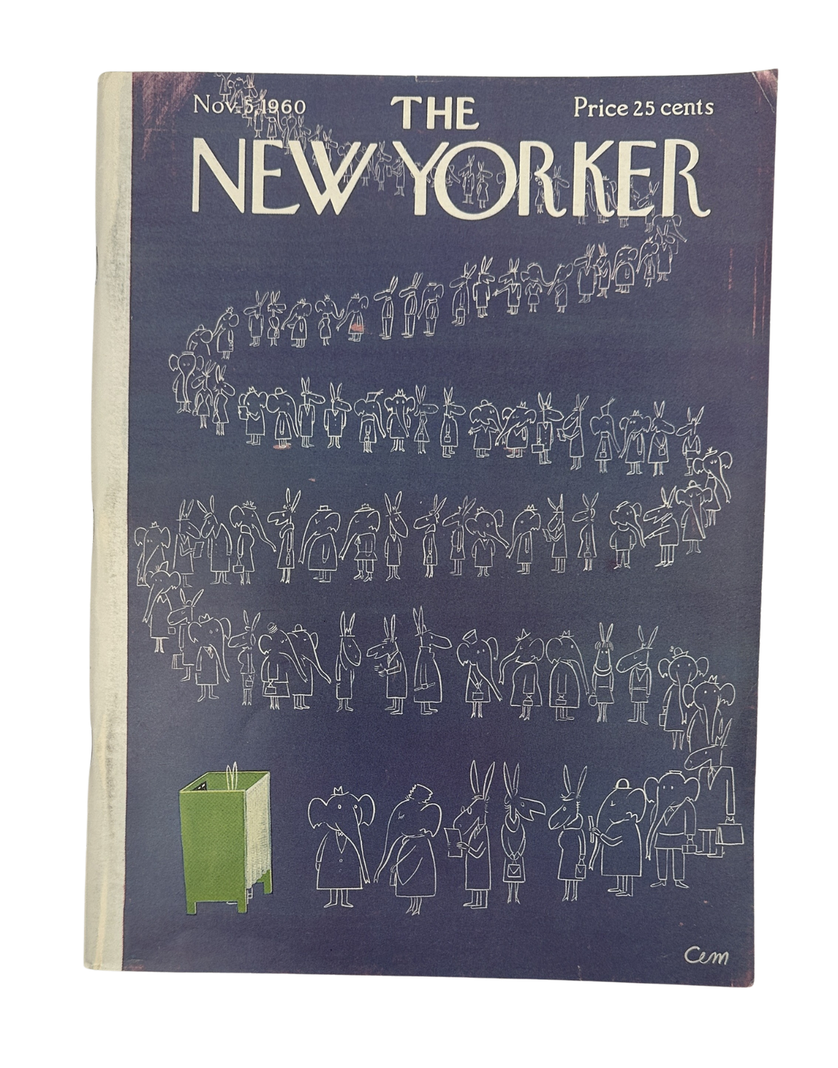 The New Yorker Magazine November 5, 1960 Animal Voting Booth Charles Martin Cover, vintage magazine cover featuring illustrated animals gathered around a green voting booth.