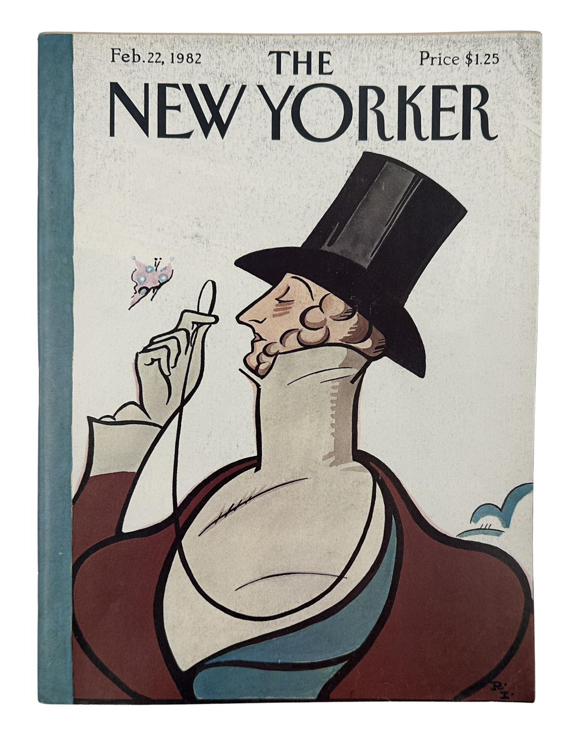 The New Yorker Magazine February 22, 1982 Top Hat Butterfly Rea Irvin Cover featuring a whimsical illustrated figure in a tall black top hat holding a butterfly.