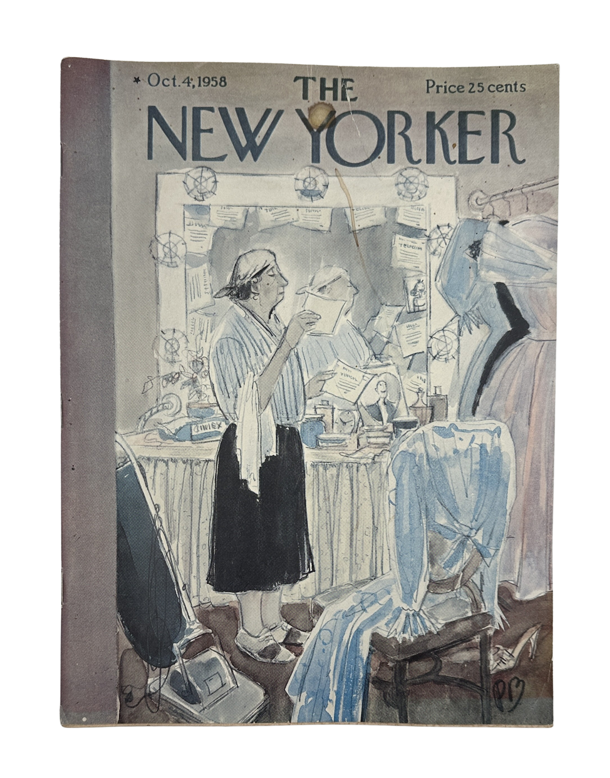 The New Yorker Magazine October 4, 1958 Backstage Dressing Room Perry Barlow Cover, showing a vintage illustrated theater dressing room scene with a performer and costumes.