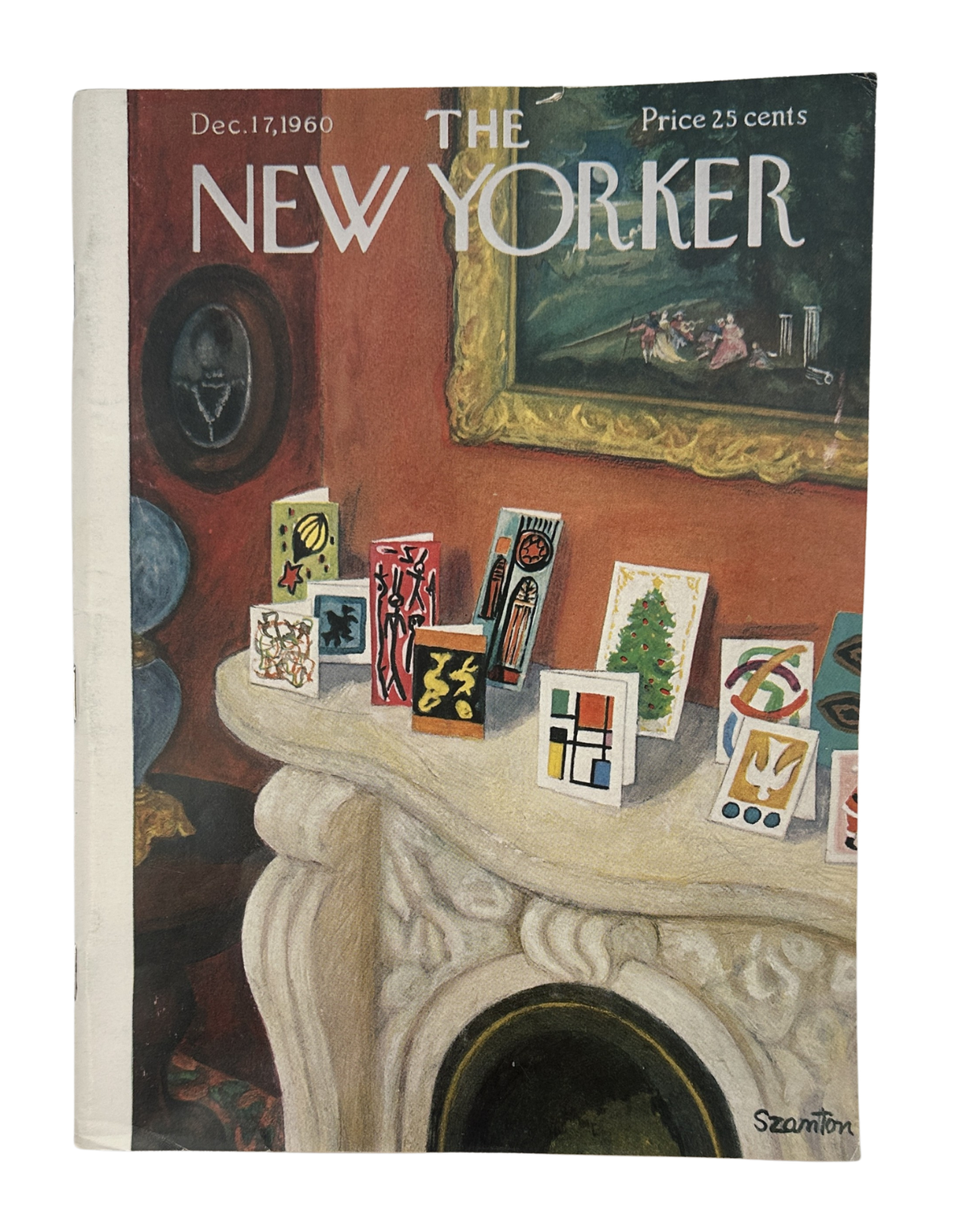 The New Yorker Magazine December 17, 1960 Christmas Cards Beatrice Szanton Cover, vintage magazine front cover featuring Christmas cards displayed on a mantelpiece.
