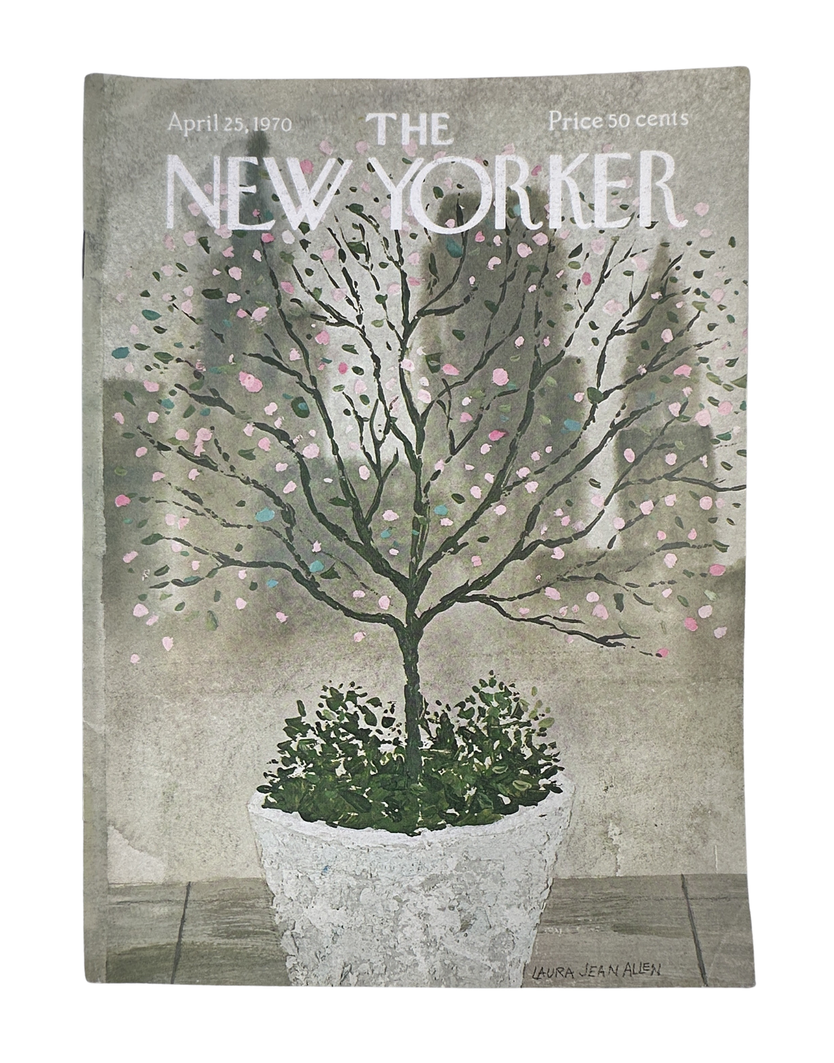 The New Yorker Magazine April 25, 1970 Pink Blossom Tree Planter Laura Jean Allen Cover, featuring a flowering pink blossom tree in a white planter