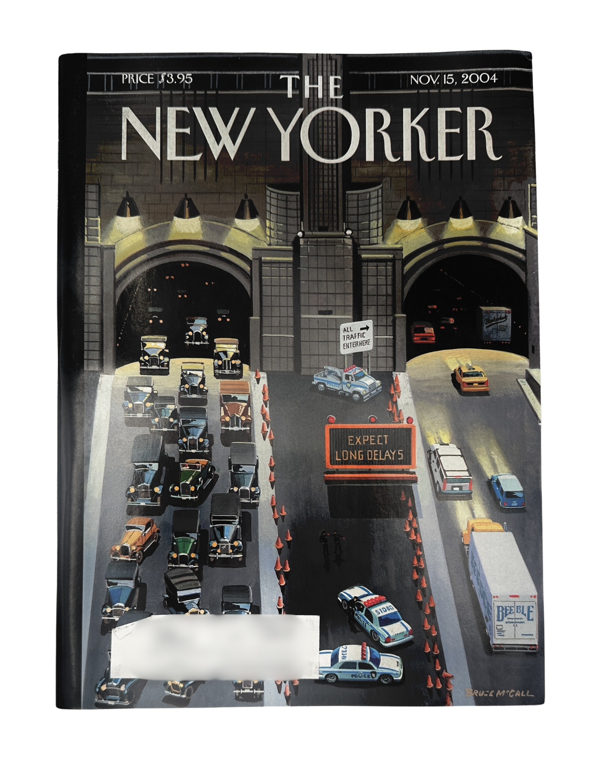 The New Yorker Magazine November 15, 2004 Tunnel Traffic Long Delays Bruce McCall Cover VG, showing illustrated cars backed up at multiple tunnel entrances with an “Expect Long Delays” road sign.