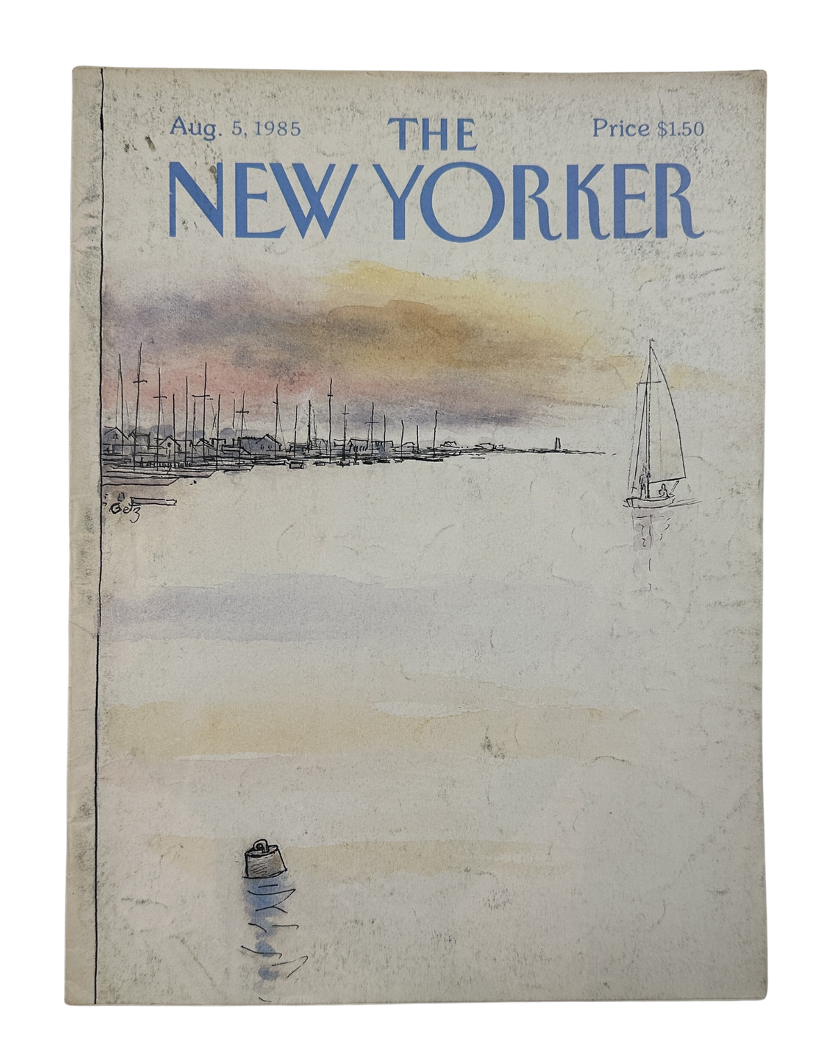 The New Yorker Magazine August 5, 1985 Sailboat Harbor Arthur Getz Cover, featuring a vintage illustrated harbor scene with sailboats and the New Yorker masthead.